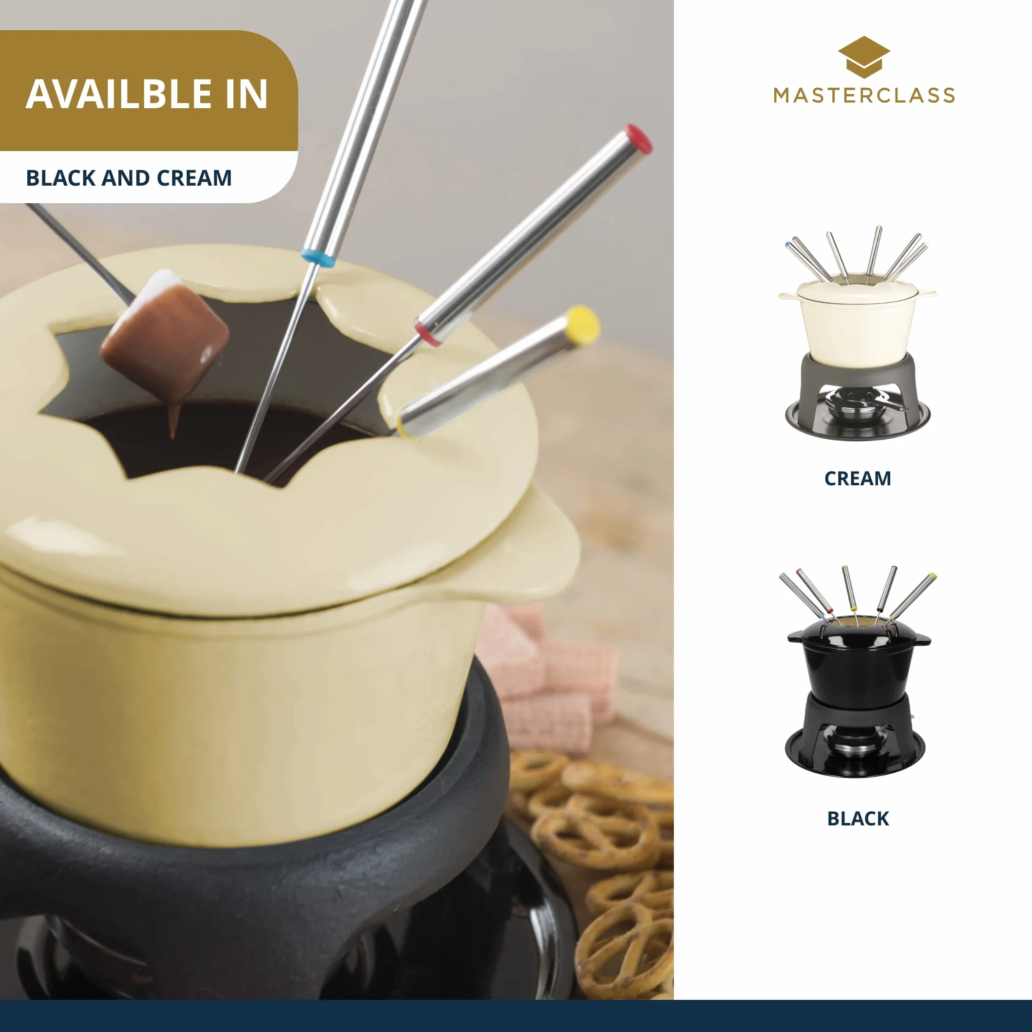MasterClass Zestaw do fondue z żeliwa, garnek do fondue z 6 widelcami i emaliowaną miską z żeliwa, doskonała retencja ciepła i regulowany palnik, w pudełku prezentowym, kremowy, 21 x 18 cm