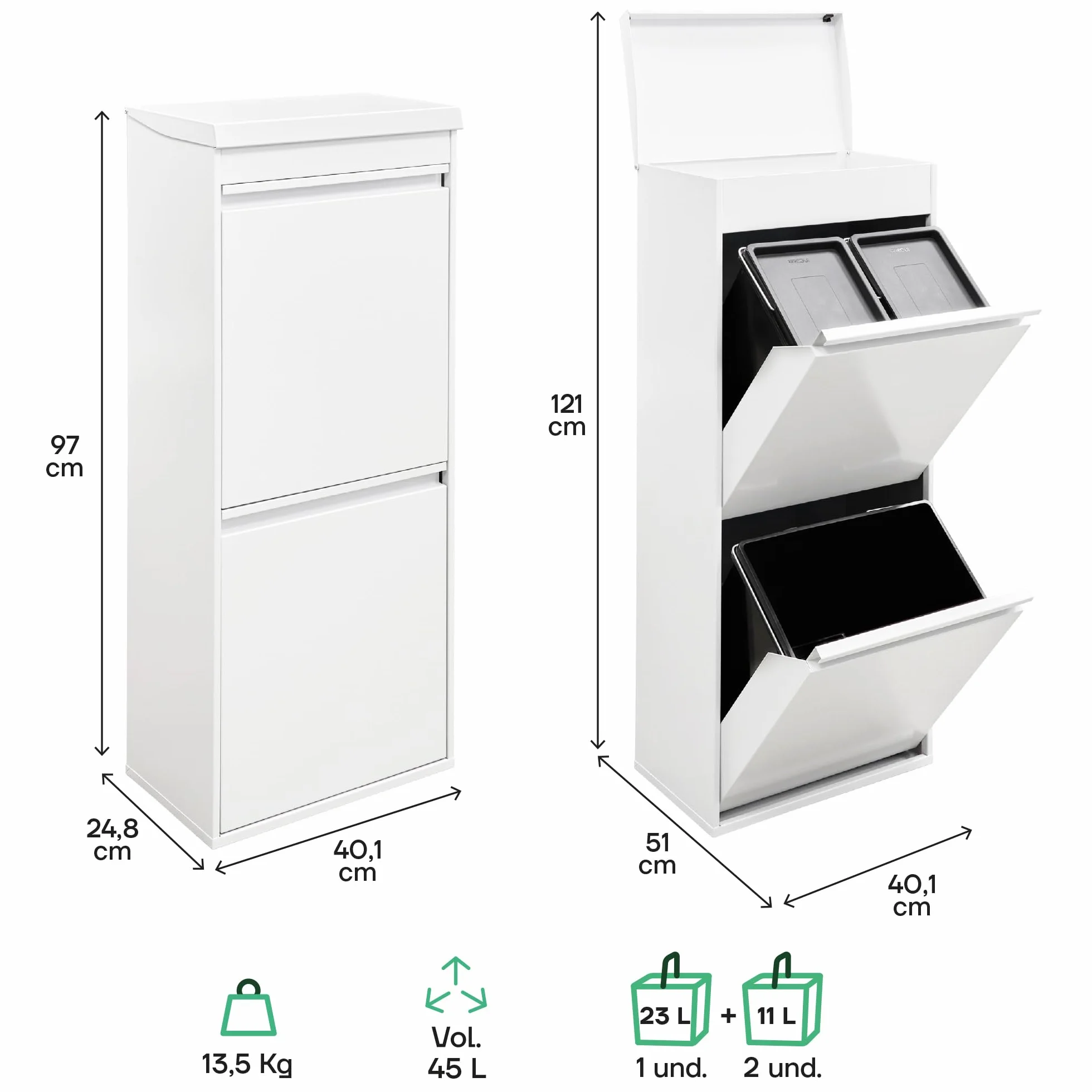 Arregui Top CR421-B 3-komorowy kosz na śmieci i recykling 45L biały