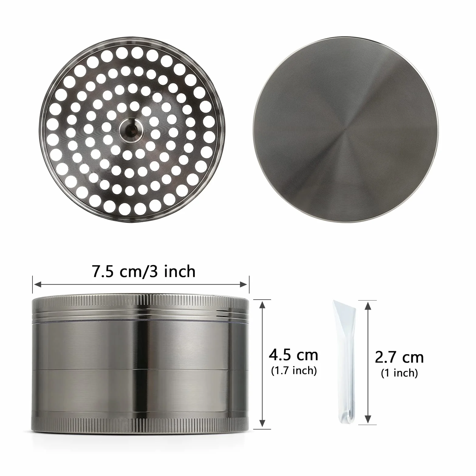 Bäcker & Lecker Młynek do ziół o wielkości 75 mm, do suszonych ziół, przypraw, ze stopu cynku, 4-częściowy zestaw ze skrobaka do pyłków, nikiel czarny