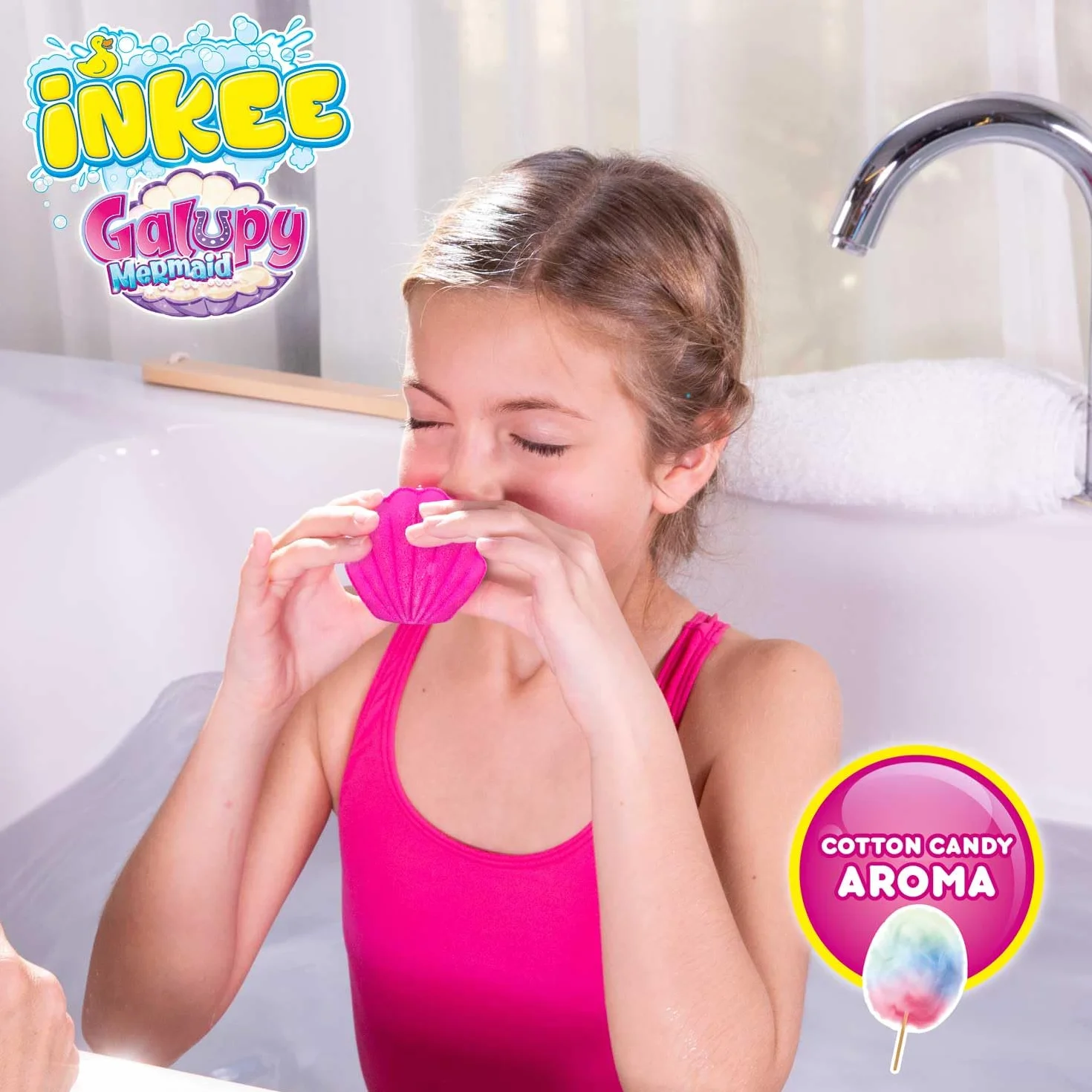 INKEE Surprise GALUPY MERMAID | Bomba do Kąpieli Jednorożca z Niespodzianką, Kule do Kąpieli dla Dzieci w Kształcie Muszli z Figurkami Syreny i Aromatem Waty Cukrowej
