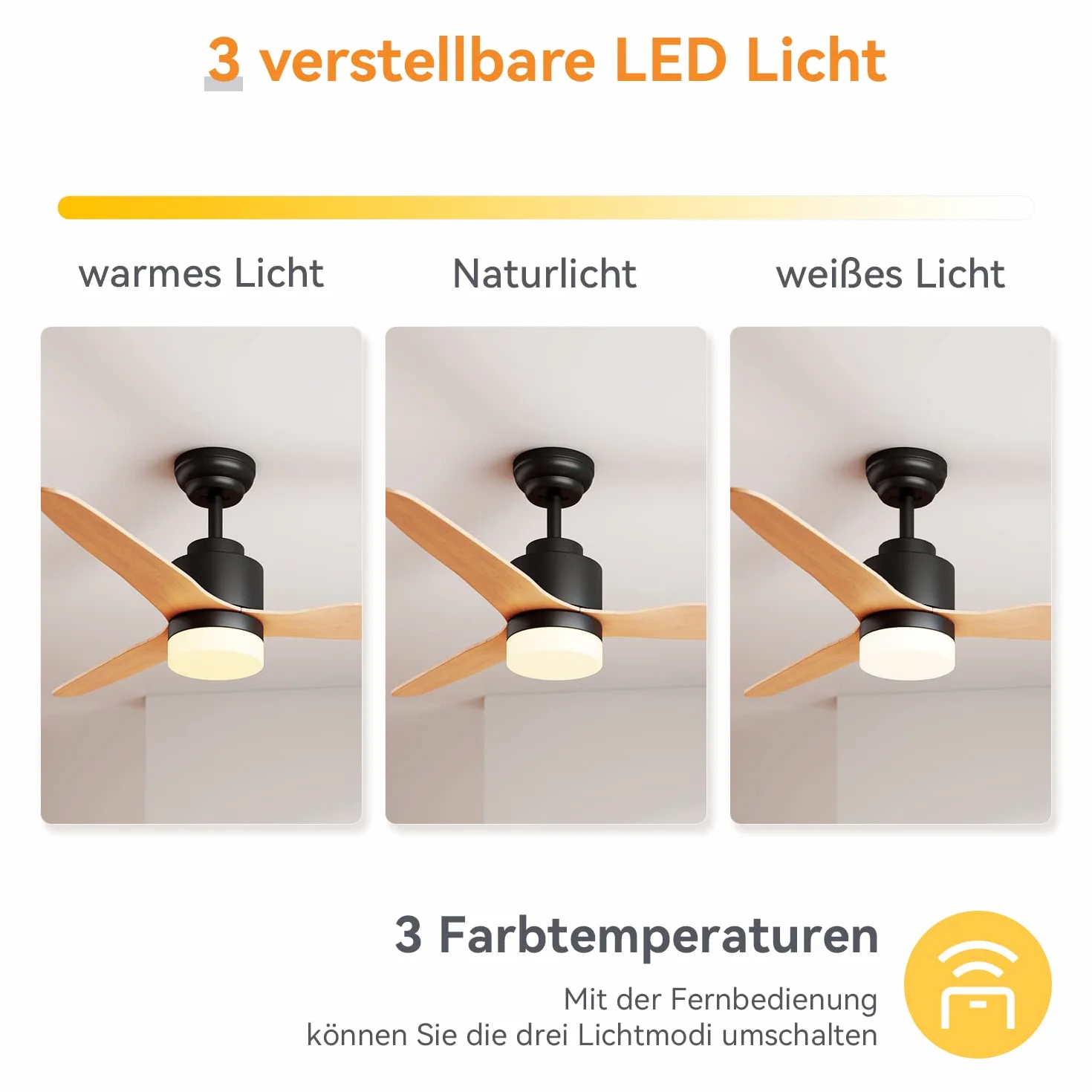SONNI Wentylator sufitowy z oświetleniem i pilotem zdalnego sterowania, cichy, 3 temperatury barwowej 119 cm, czarny i drewniany, minimalistyczny design