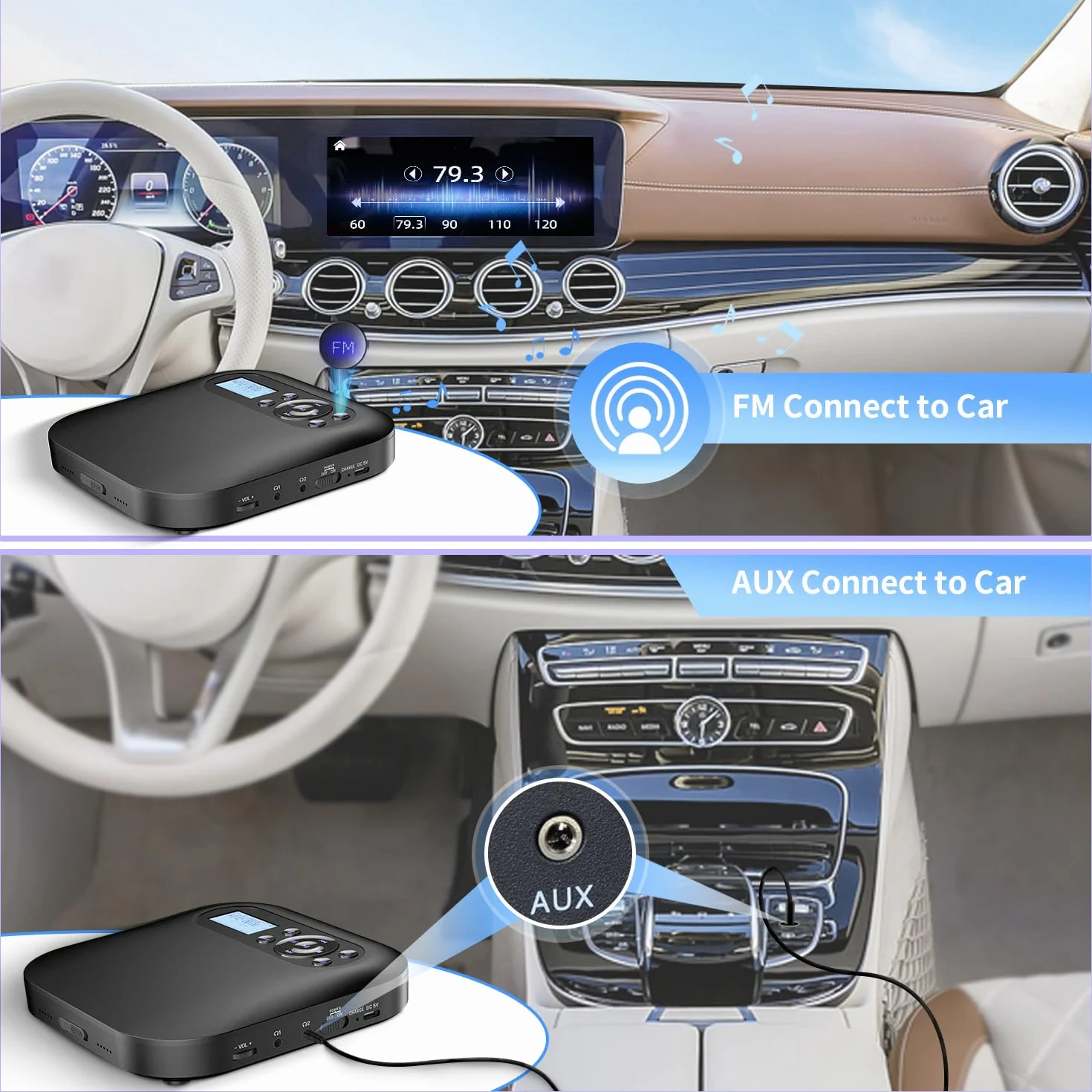 DESOBRY Przenośny odtwarzacz CD Bluetooth z głośnikami, akumulatorowy Discman do samochodu z FM, Anti-Skip, ekran LCD, odtwarzacz CD z dwoma gniazdami słuchawkowymi