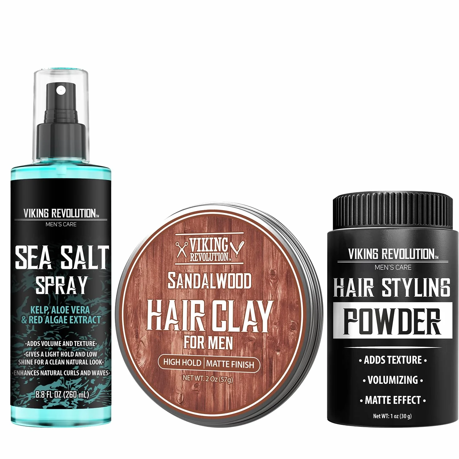 Viking Revolution Sea Salt Spray do włosów dla mężczyzn (8fl oz), matowy sandałowy glina do włosów (2 uncje) i proszek do stylizacji dla mężczyzn (3,5 ml) - Zestaw do stylizacji - The Ultimate Trio