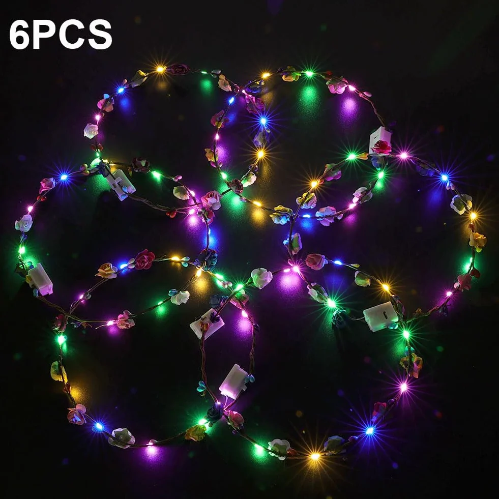URAQT Opaska na głowę z kwiatami LED, 6 szt. korona kwiatowa, girlanda LED wieniec do włosów świecąca opaska na głowę na Boże Narodzenie, Halloween, świecące przyjęcie, dekoracje ślubne
