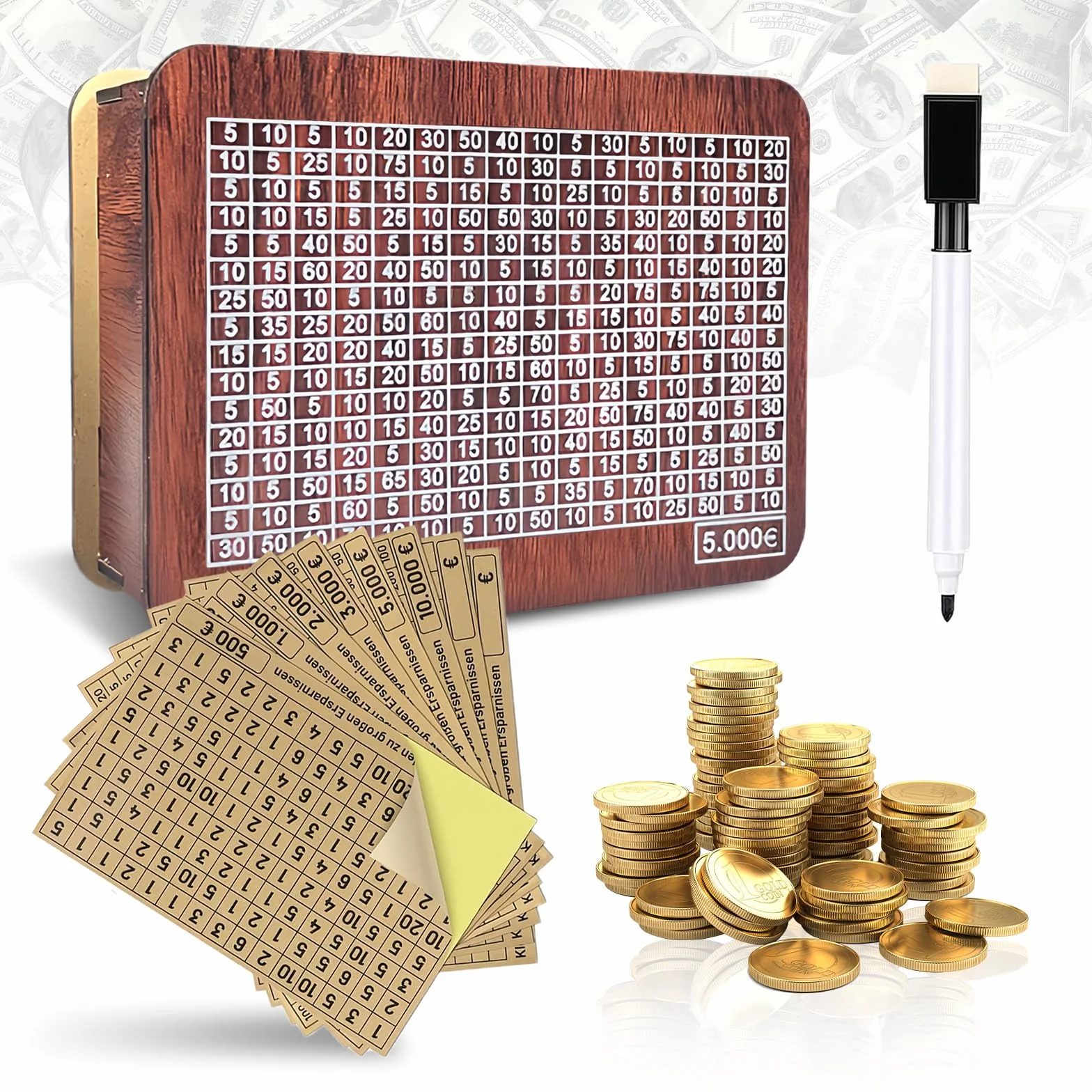 Flintronic Drewniana skarbonka w stylu retro z licznikiem i bramką oszczędnościową, skarbonka wielokrotnego użytku z różnymi ilościami naklejek dla dorosłych i dzieci