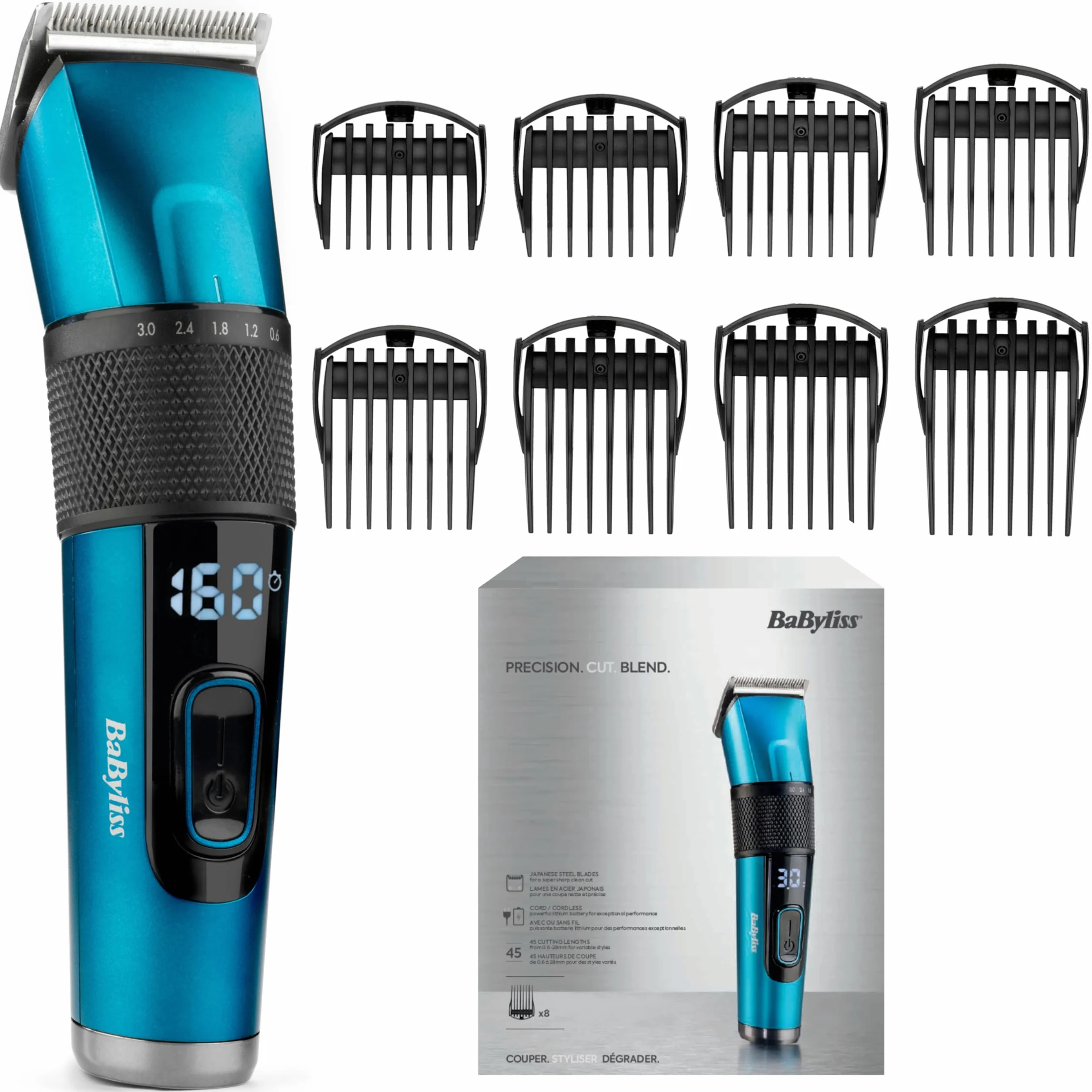 BaByliss Japanese Steel Hair Clipper - Bateria litowa, Czas pracy 160 minut, Pełne ładowanie 3 godziny, W zestawie twarde etui do przechowywania, Czarny, E990E