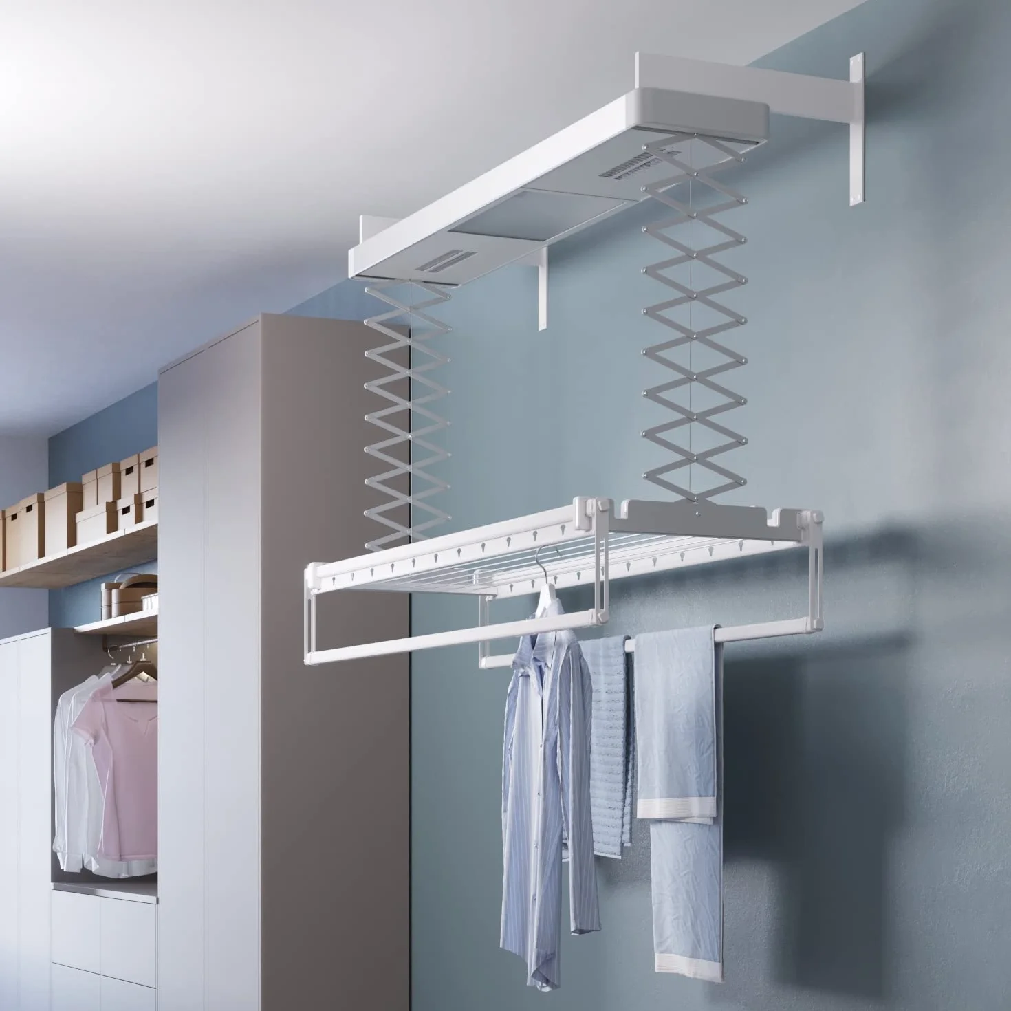 foxydry Pro suszarka sufitowa podgrzewana na pranie, aluminiowa i stalowa suszarka do bielizny z gorącą wentylacją (ze ściany, 160 cm)