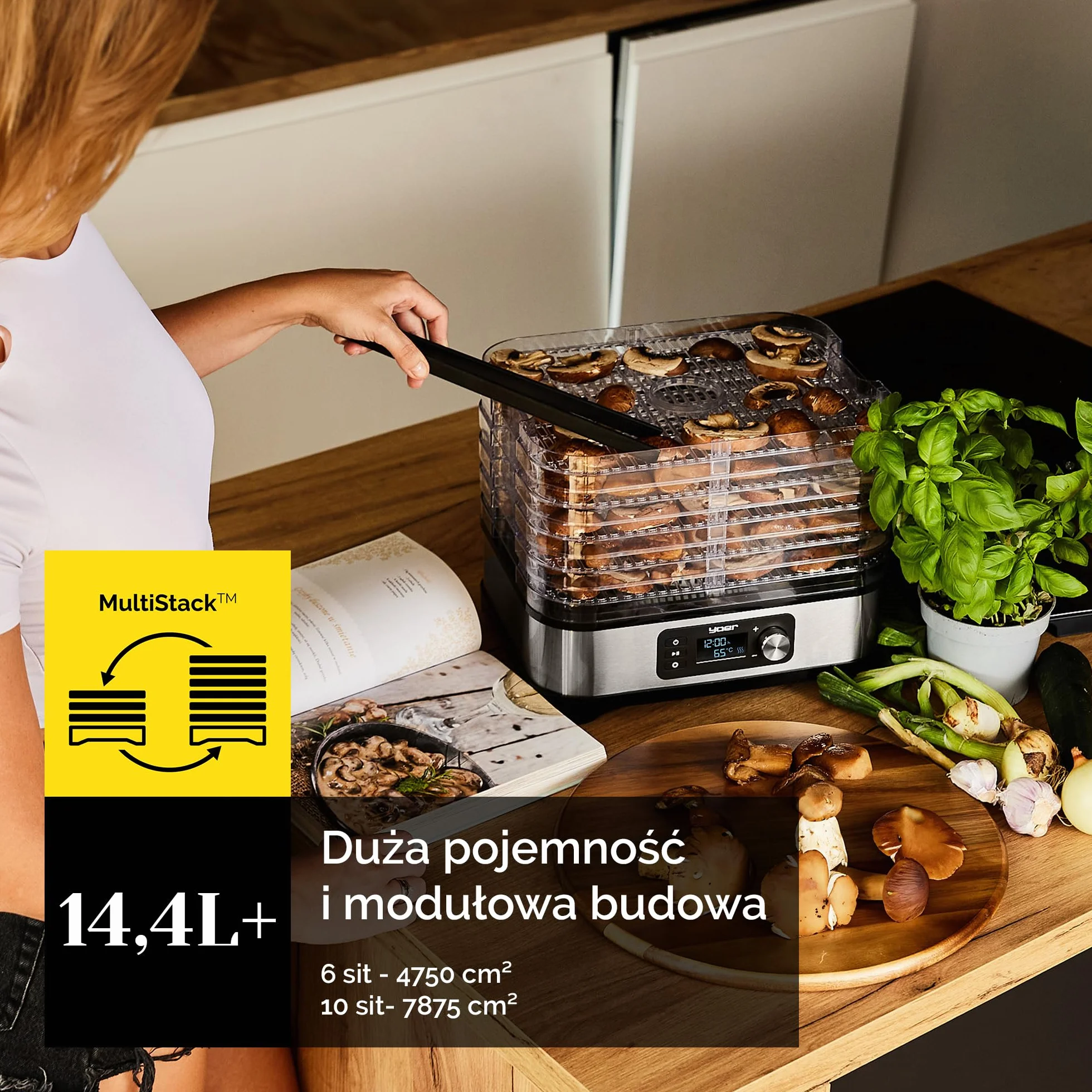 Yoer Suszarka do żywności, Stal nierdzewna, 450W, 6 tacek + 9 akcesoriów, 4725 cm², Timer 24h, wyświetlacz LED, BPA Free, Suszarka do grzybów, owoców i warzyw, dehydrator, VitaSave FD01S