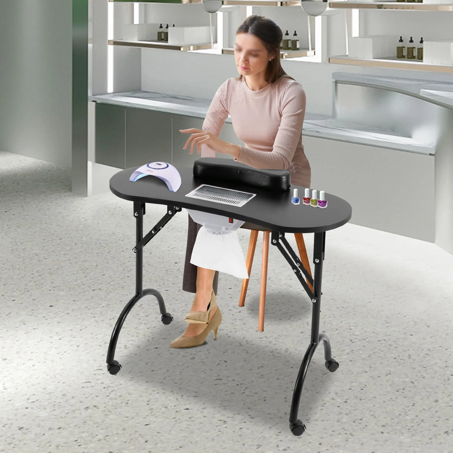 Stół do manicure z przyssawką, składany stolik do manicure z 3 workami do odkurzacza i wodoszczelną torbą do przenoszenia, nośność 30 kg, przenośny stolik do manicure (czarny)