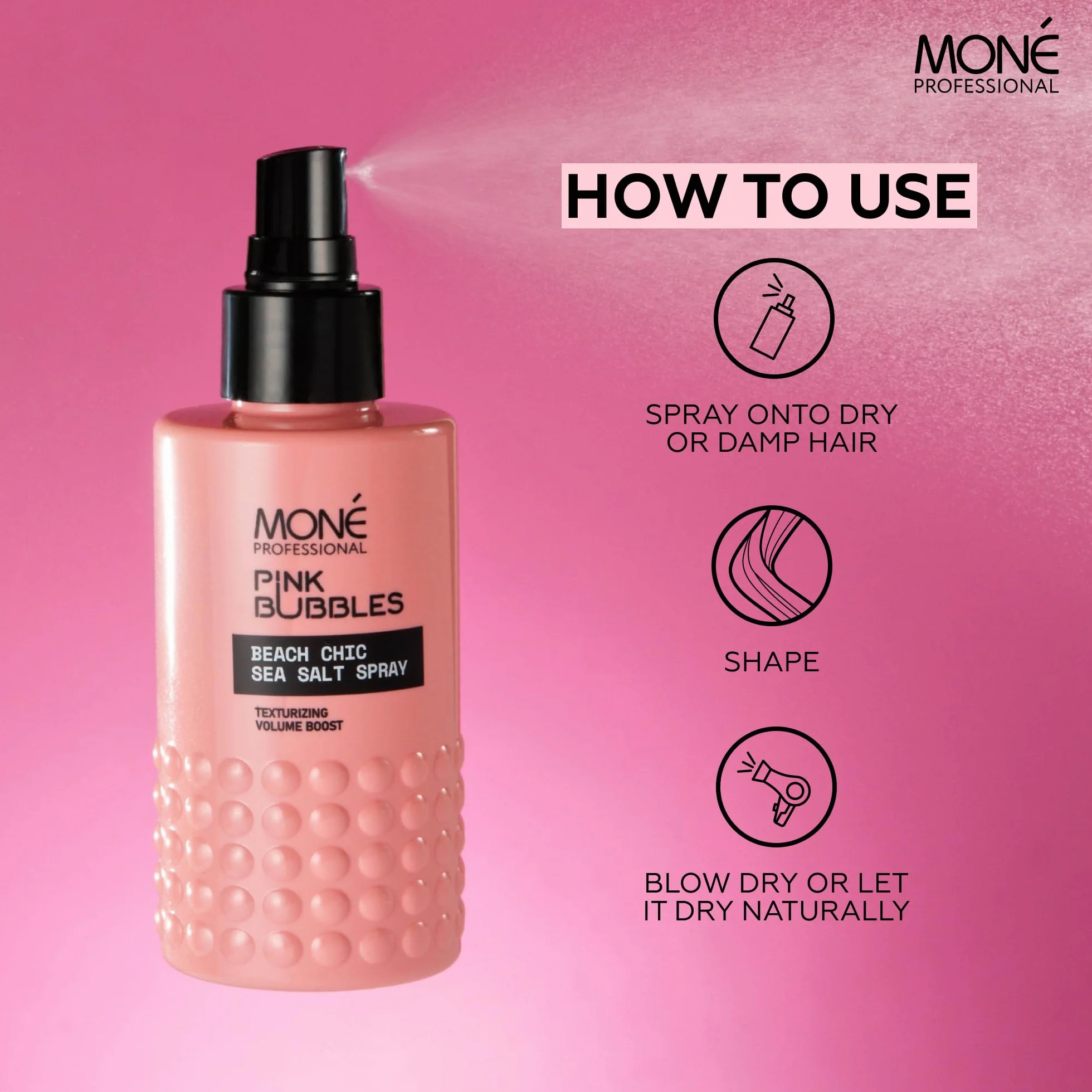 MONÉ PROFESSIONAL spray do stylizacji wody morskiej, soli morskiej, stylizacja włosów, efekt plaży z falowaniem włosów, cienkimi lub grubymi, 150 ml