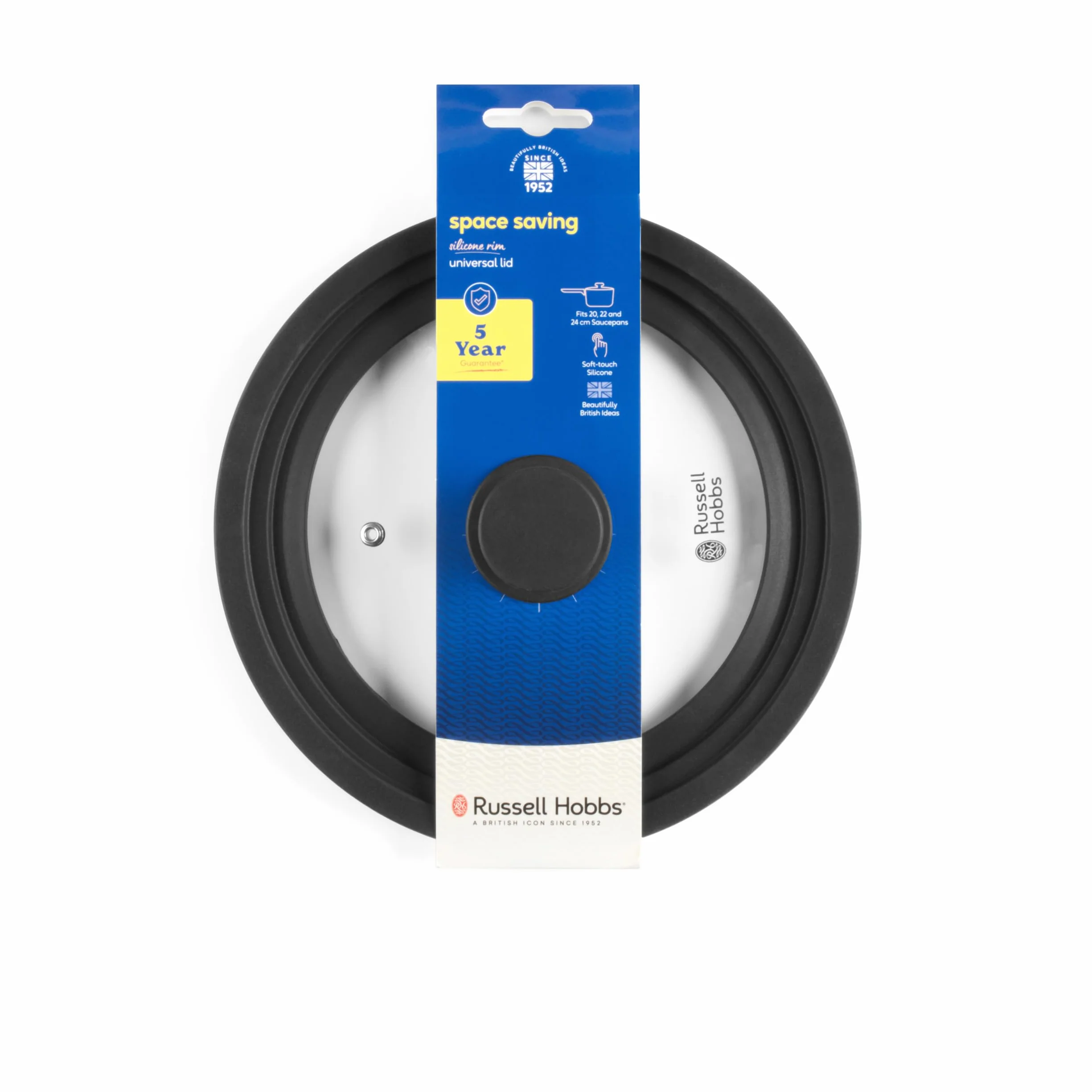 Russell Hobbs Uniwersalna Szklana Pokrywka do Garnków 20-24 cm, Silikonowa Obręcz, Otwór na Parę