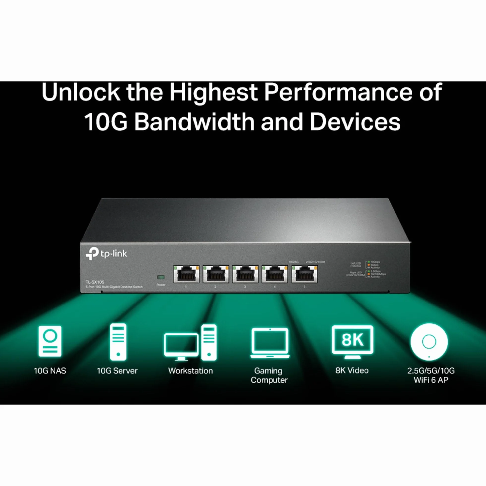 TP-Link TL-SX105 | 5-Portowy przełącznik 10G | Desktop | Plug and Play | Bez wentylatora