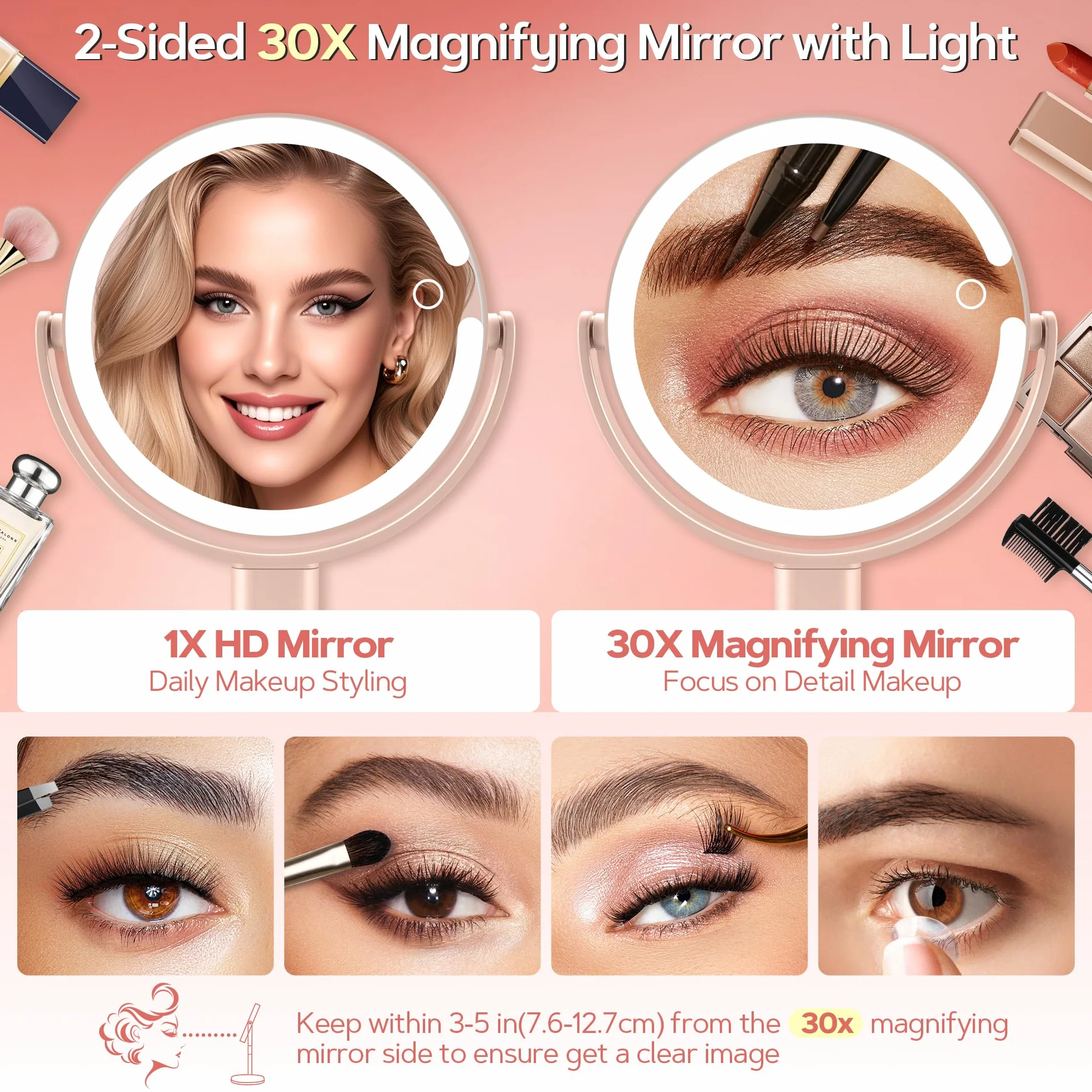B Beauty Planet Podświetlane lustro do makijażu, 20 x powiększające, 3 kolorowe światło, ściemniane diody LED i regulacja wysokości, 2-stronne lusterko kosmetyczne do łazienki, prezent dla kobiet