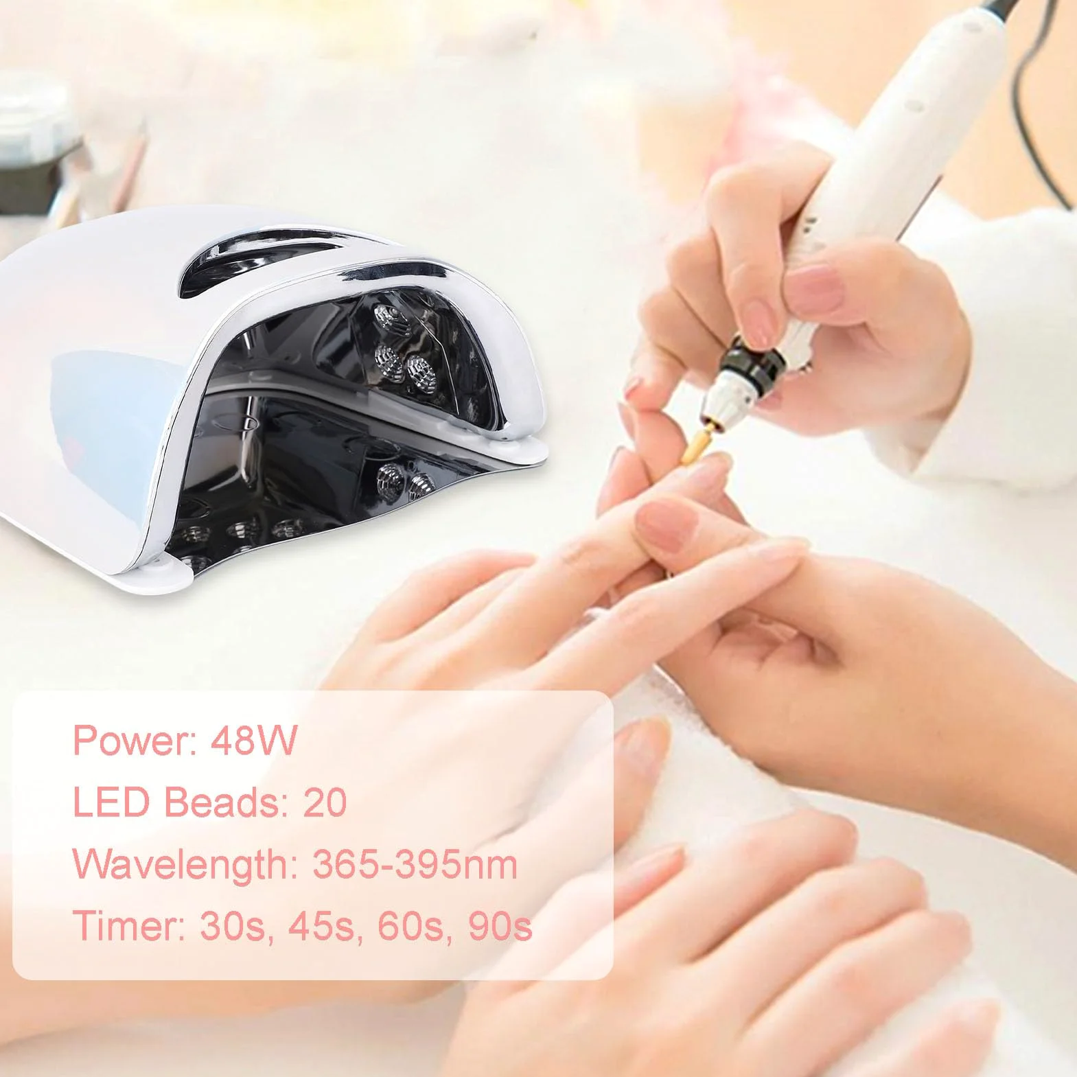 Lampa Paznokciowa LED o Powierzchni 48 W z podwójną długością Fali (365 Nm 395 Nm), Lampa Paznokciowa LED Smart Sensor, 4 Timery, 5200 MAh Bateria do Domu z Lakierów żelowych (wtyczka UE)
