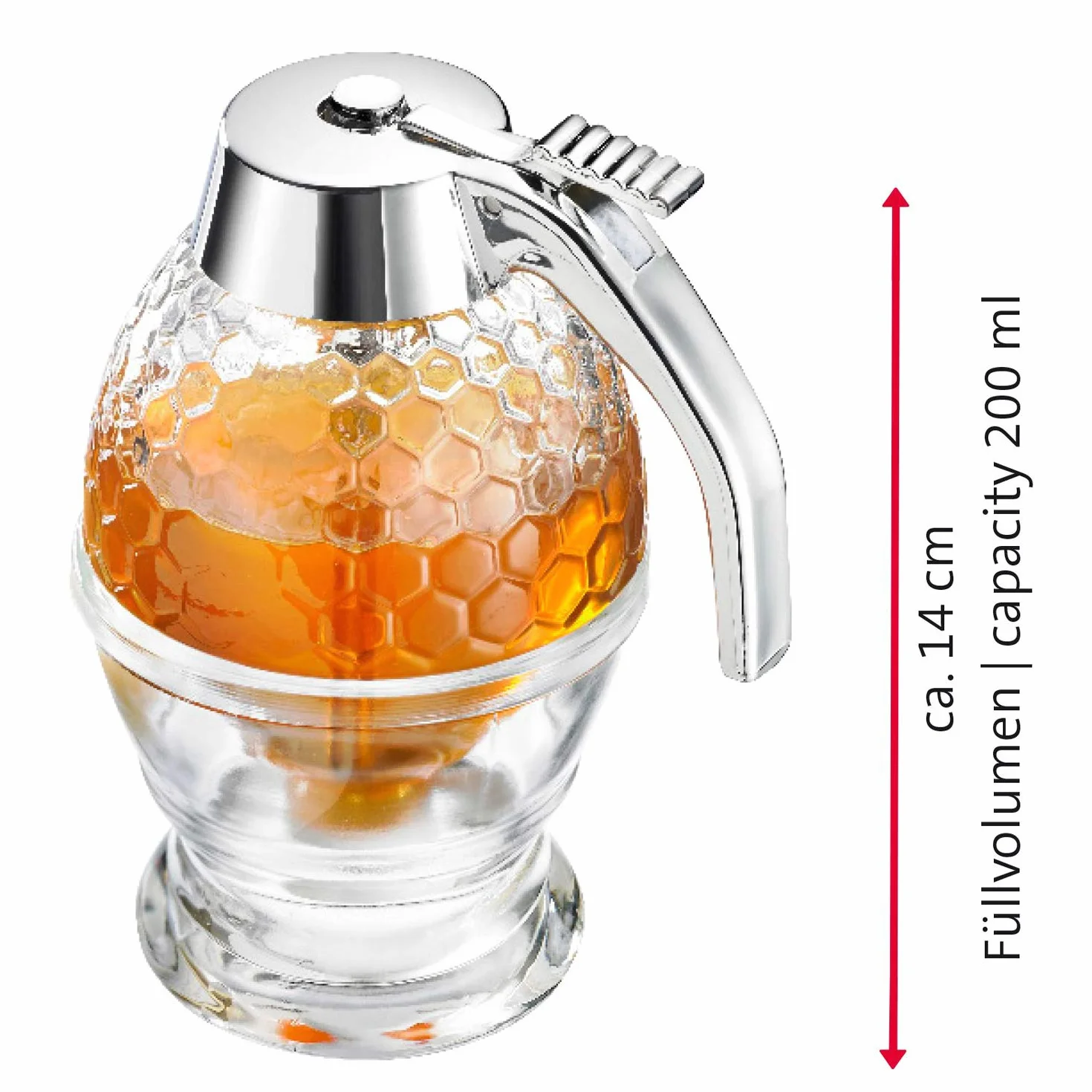 Westmark Dozownik do miodu 200 ml, Szkło/Tworzywo sztuczne, Wzór plastra miodu, Przezroczysty/Srebrny