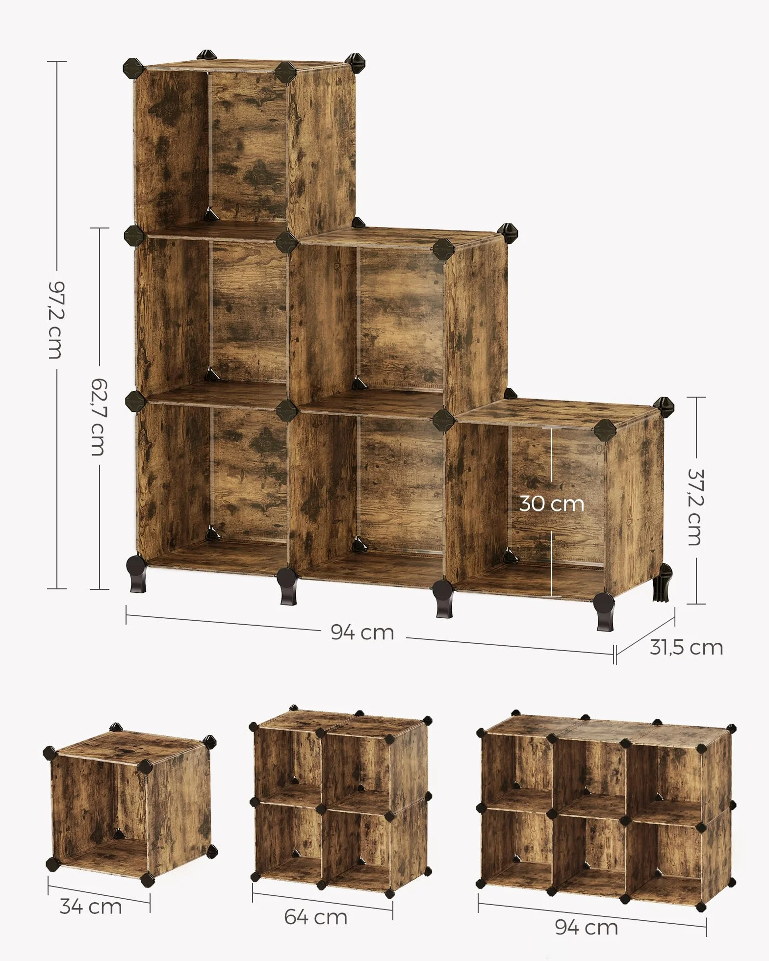 SONGMICS 6-komorowy modułowy regał modułowy plastikowy organizer z nogami na buty sześcian 30 x 30 x 30 cm salon sypialnia gabinet gumowy młotek rustykalny brązowy LPC111A01