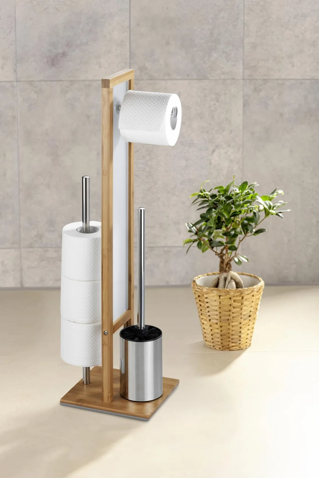 WENKO Stojący zestaw do WC Rivalta bambus, 18 x 70 x 23 cm, Naturalny/Biały/Czarny