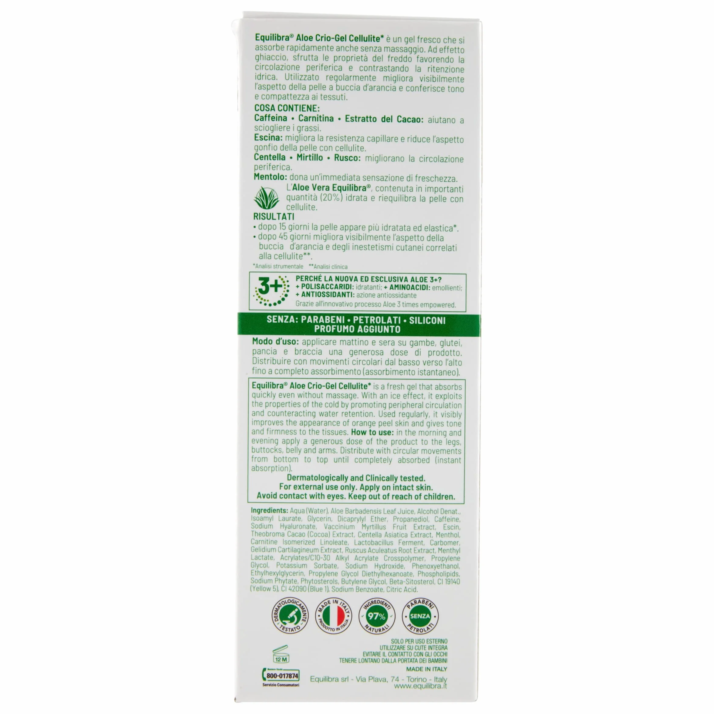 equilibra Ciało, Aloe Crio-Gel Cellulit, świeży żel na bazie aloesu i aloesu 3+, wspomaga krążenie peryferyjne, przeciwdziała zatrzymywaniu wody, cellulit i skórka pomarańczowa, 200 ml