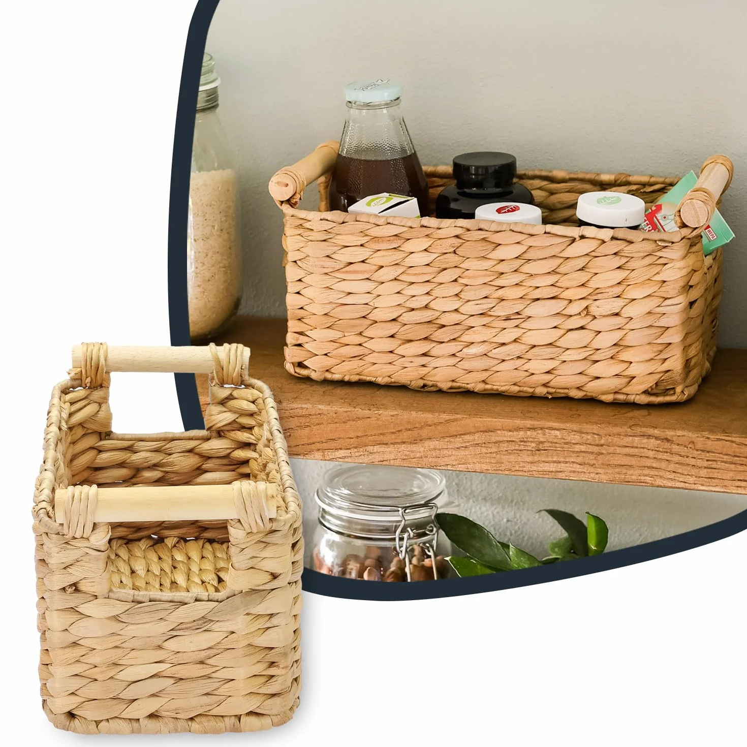 HMF Kosz do przechowywania pleciony z hiacyntu wodnego, kosz dekoracyjny z drewnianymi uchwytami do przechowywania rzeczy w łazience, salonie, kuchni | 30 x 15 x 13 cm | naturalny