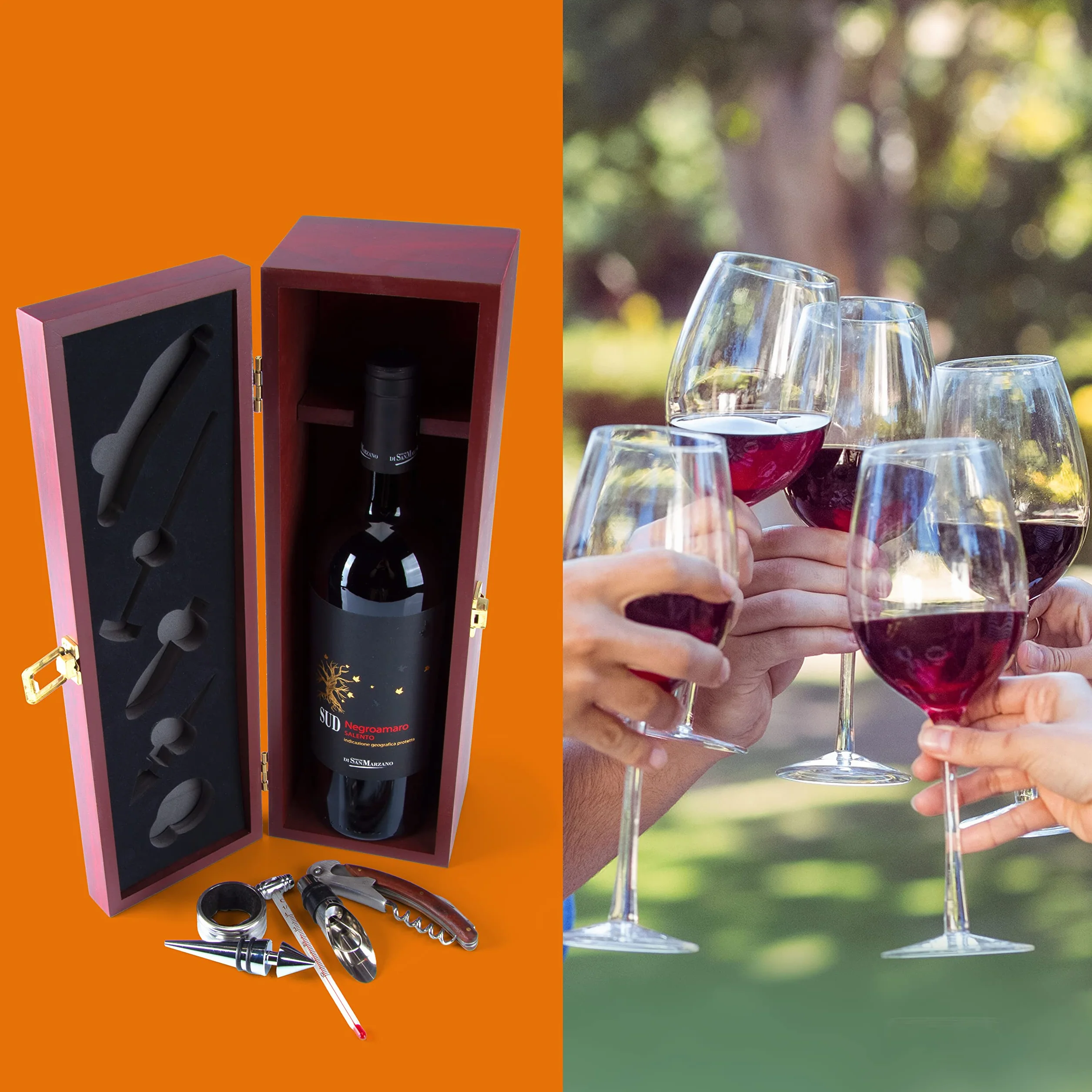 Skrzynka na wino zestaw sommelierski zestaw upominkowy drewniana skrzynka na butelkę wina z akcesoriami dla miłośników wina; drewniana skrzynka w kolorze mahoniu 6 szt.