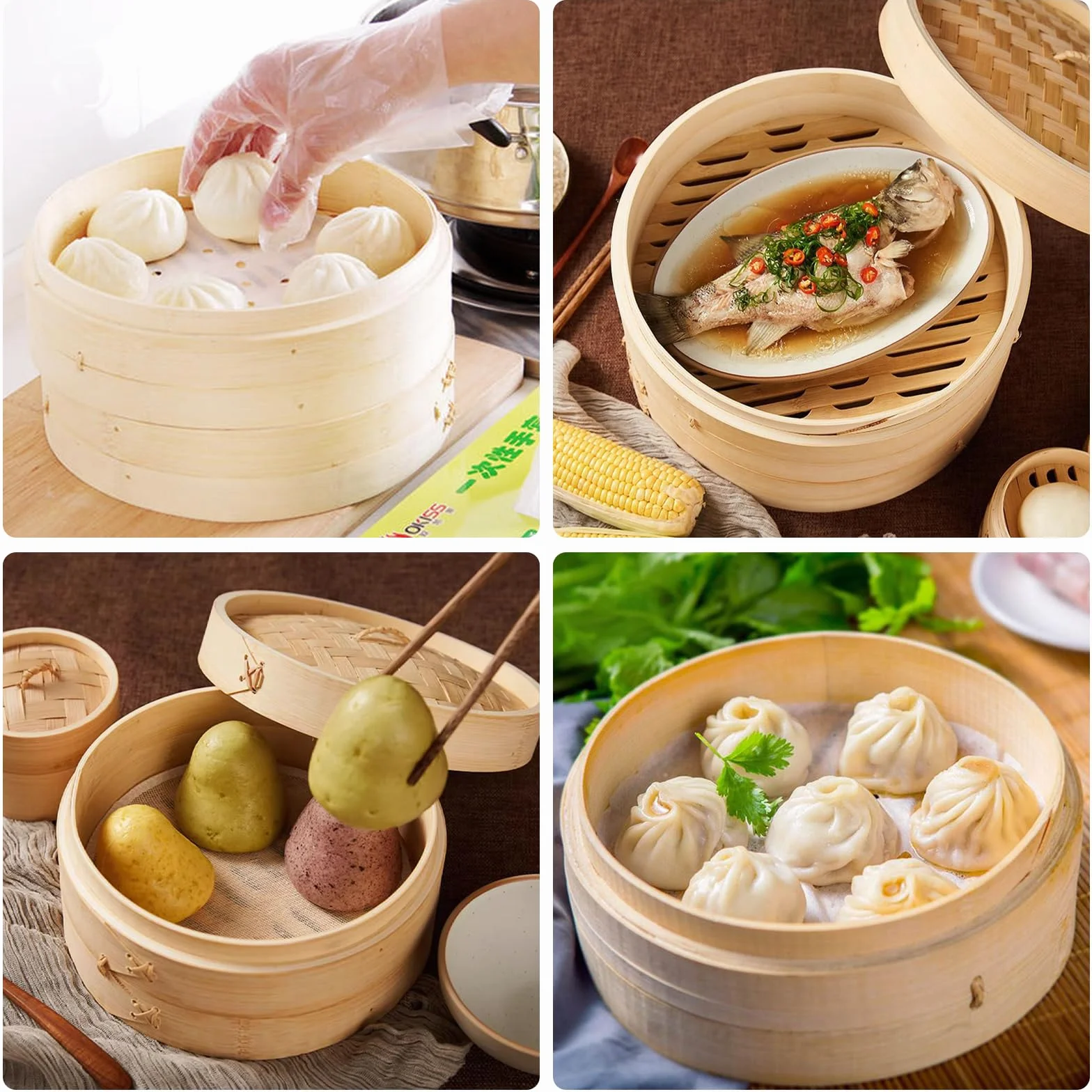 Bambusowy Parowar 2-Poziomowy z Pokrywką 20x20x18,5 cm do Dim Sum, Ryżu, Warzyw