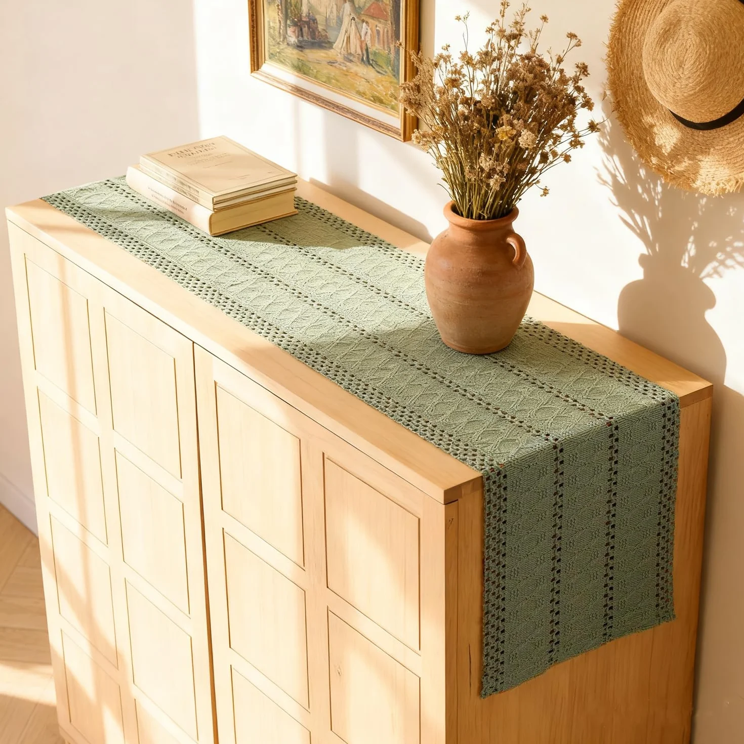 Zielony bieżnik na stół, szydełkowany, zielony szałwia, boho, makrama, bieżnik nowoczesny, 30 x 140 cm, wiosenny bawełniany obrus na stół, mały, styl wiejski, zmywalny, wąski, na wesele