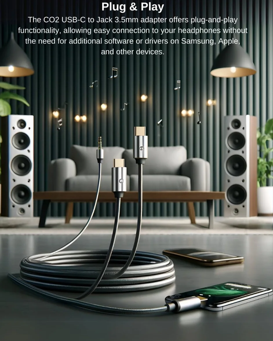 CO2 Adapter USB-C do Mini Jack 3,5 mm AUX z Przetwornikiem DAC 128 kHz HD, Hi–FI Najwyższa Jakość Dźwięku, Czarny, Kabel Kompatybilny z iPhone 16, 15, Pro, Max, Plus, MacBook, iPad Pro, Samsung (DAC)