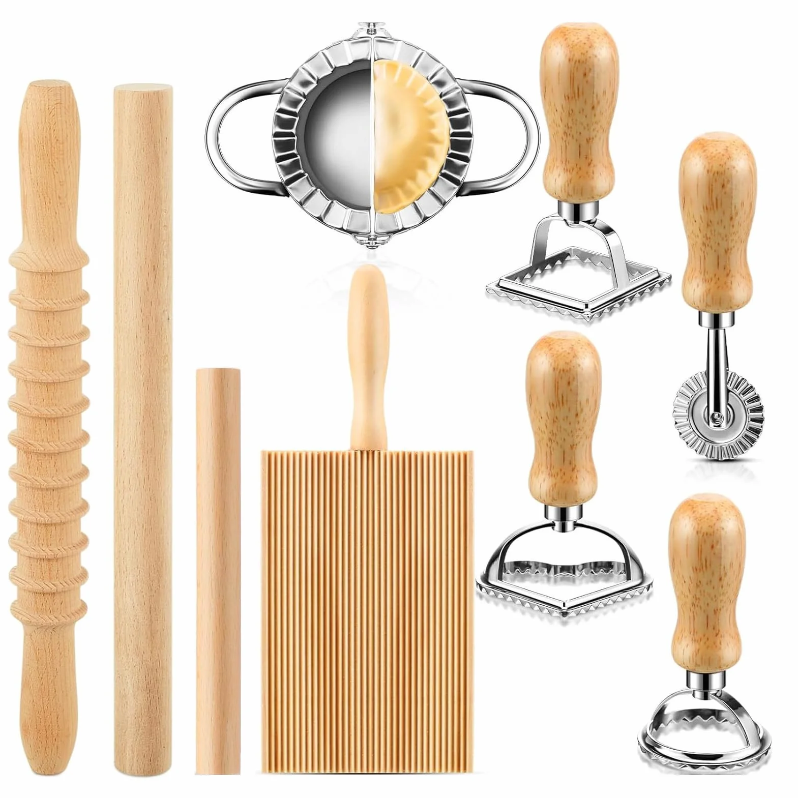 Zestaw 9 Narzędzi do Robienia Makaronu Gnocchi, Foremka do Ravioli ze Stali Nierdzewnej z Wałkiem z Drewna Bukowego, Bezpieczne Uszczelnienie, do Domowego Makaronu, Pierogów