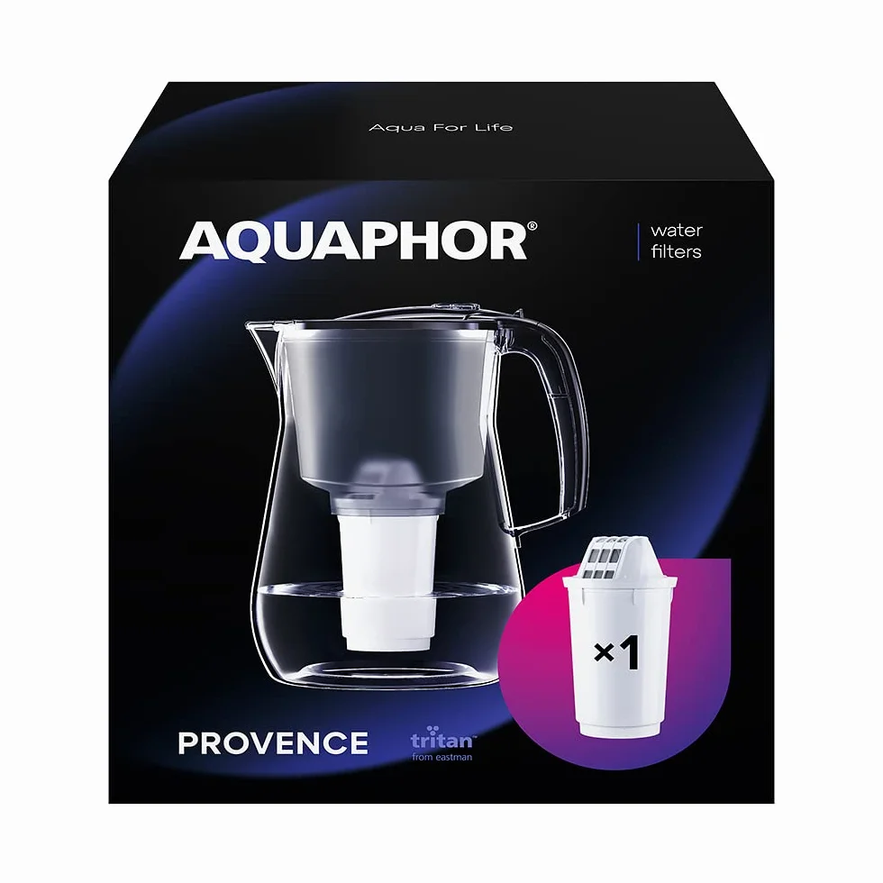 AQUAPHOR Filtr do wody Provence czarny w zestawie z 1 filtrem A5 I karafka na 4,2 l I Duży fiIter o wyglądzie szkła I Redukuje wapno i chlor, filtr do wody stołowej, stylowy pojemnik, idealny dla