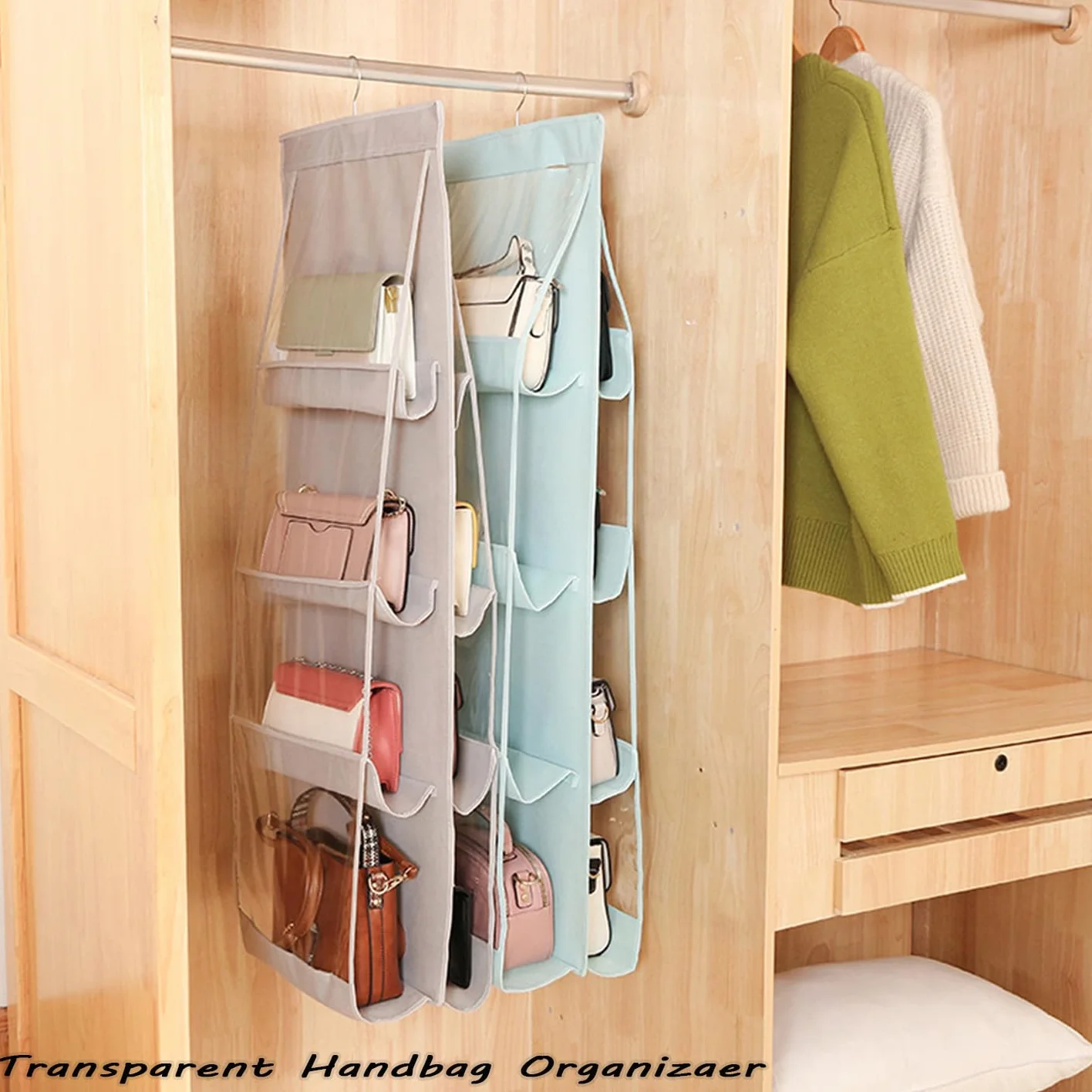 AARAINBOW Wiszący organizer do torebki, organizer do torebki, 8 kieszeni, garderoby, oszczędność miejsca, 44,5 l x 13,5 W (B-jasnoszary)