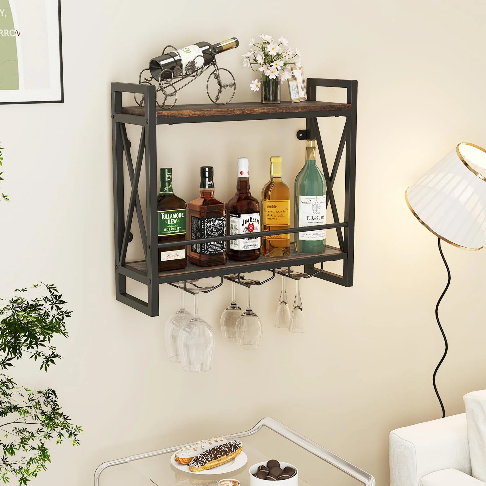 COSTWAY Regał ścienny na wino 2 poziomy metalowa ramka 60 x 20 x 55 cm