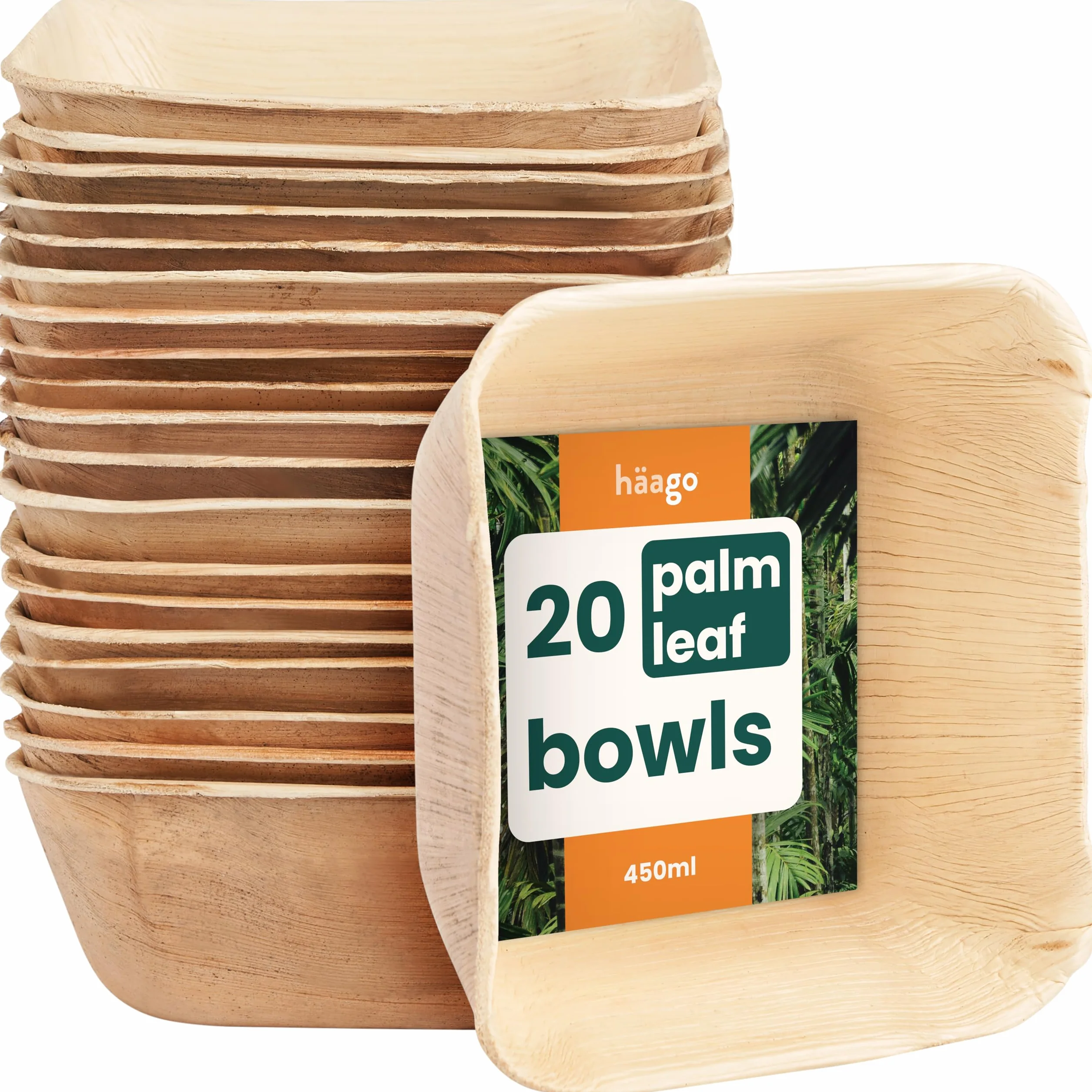 HAAGO 20 Misek z Liści Palmowych (450 ml, kwadratowe) Biodegradowalne i Jednorazowe - Ekologiczne Zastawy Stołowe na Piknik i na Zewnątrz - Można Używać w Kuchence Mikrofalowej