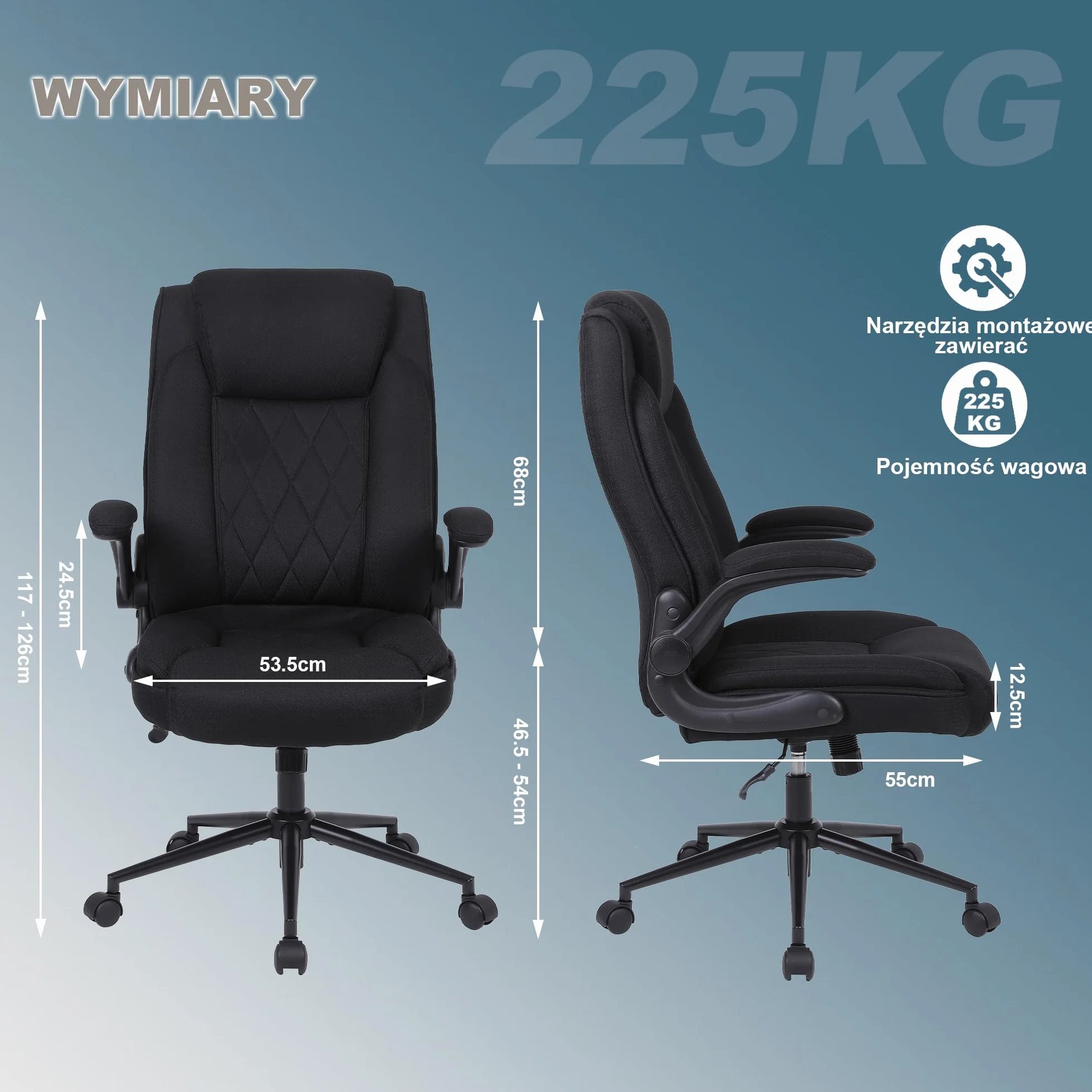 Ergonomiczne krzesło biurowe Flysky, krzesło biurowe z wysokim oparciem i regulacją wysokości, krzesło obrotowe z wygodnym zagłówkiem, krzesło wykonawcze do biura, czarne