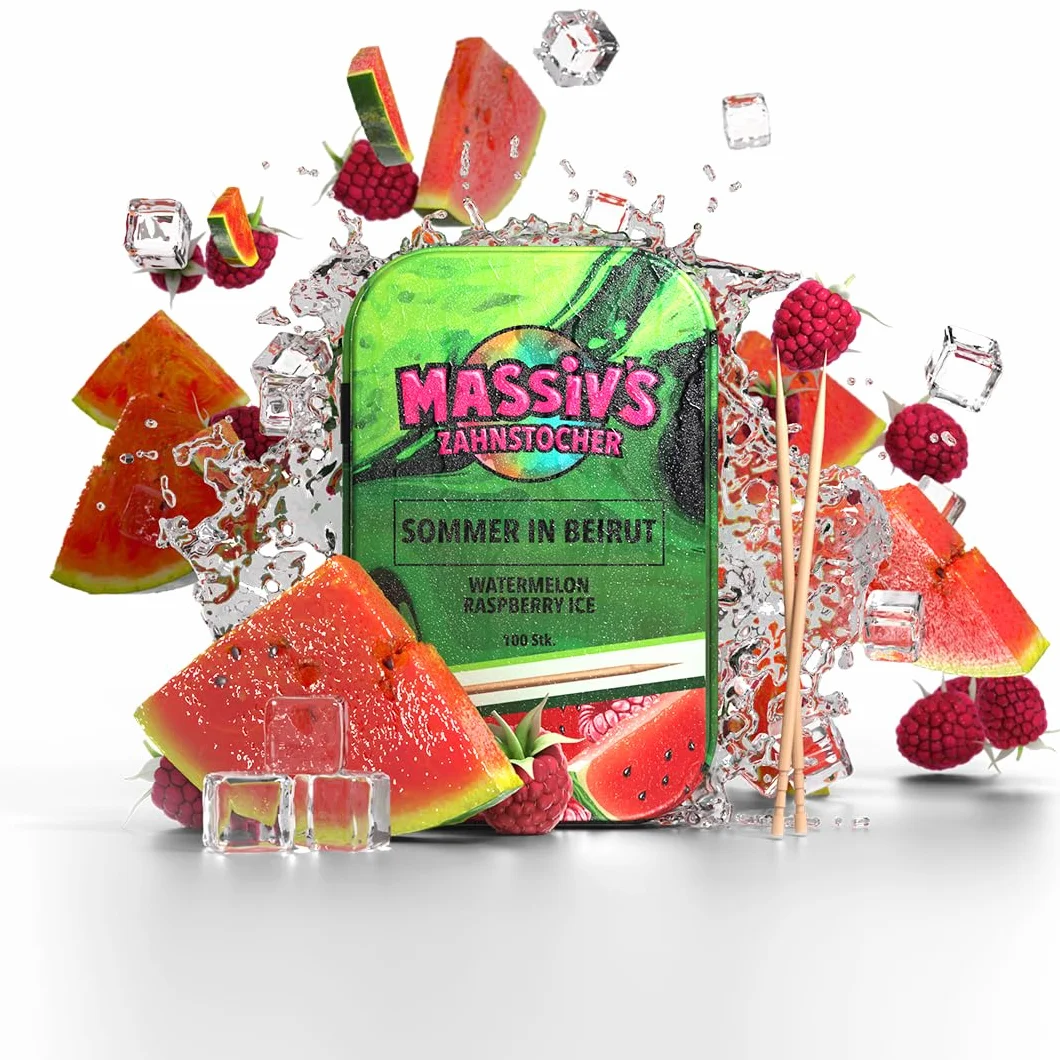 Massiv's Toothpicks Smakowe wykałaczki SOMMER IN BEIRUT Watermelon Raspberry Ice 100 sztuk metalowa puszka Wegańskie