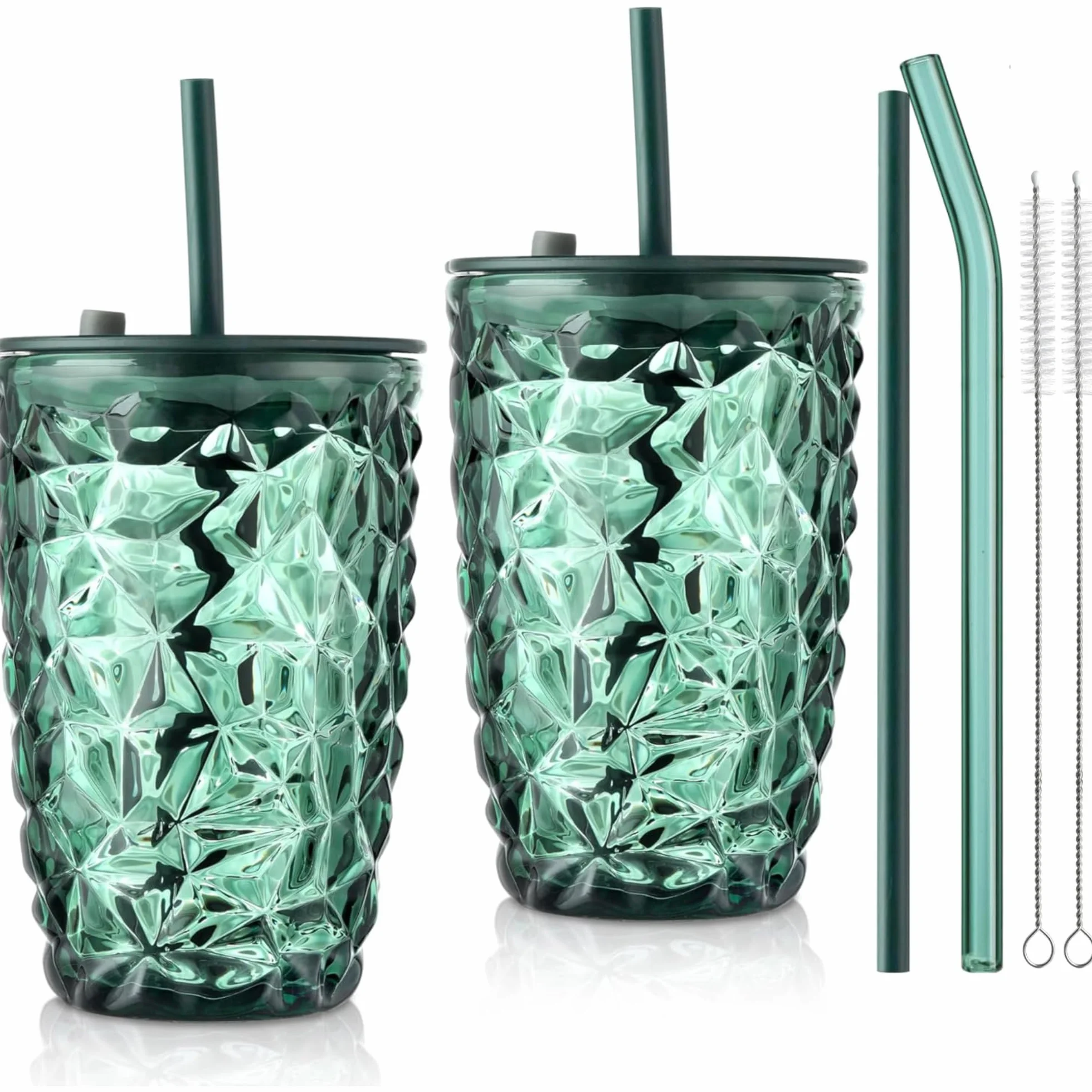 Joeyan Zielone kubki do picia 430 ml, z pokrywką i słomką, szklanka do herbaty bąbelkowej z diamentowym wzorem, szklanki do mrożonej kawy, smoothie, sok Boba, zestaw 2 szt., nadają się do mycia w