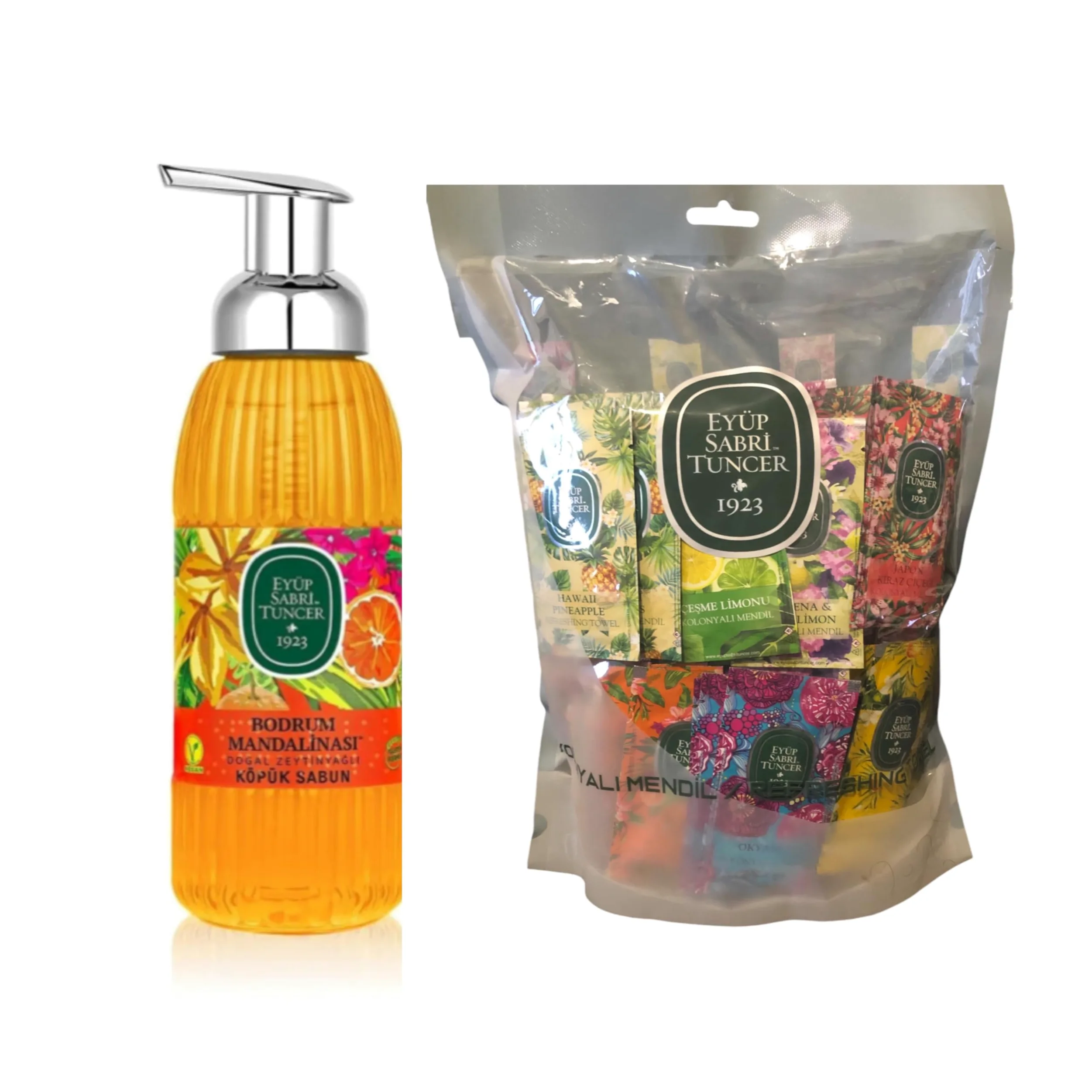 EYÜP SABRİ TUNCER Bodrum Mandarin mydło w piance 500 ml + chusteczki odświeżające, mieszane opakowanie, 150 sztuk, 5 x 10 cm, przetestowane wegańsko i dermatologicznie, delikatne oczyszczanie i