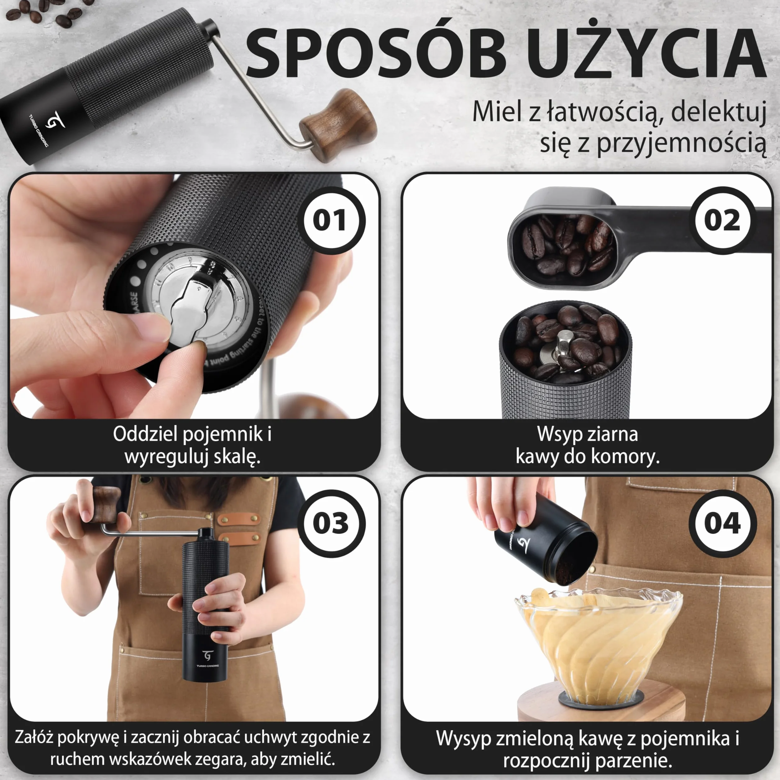 SUNYA Ręczny młynek do kawy ze stożkowym zadziorem ze stali nierdzewnej, regulowane ustawienia MCG-02 Czarny