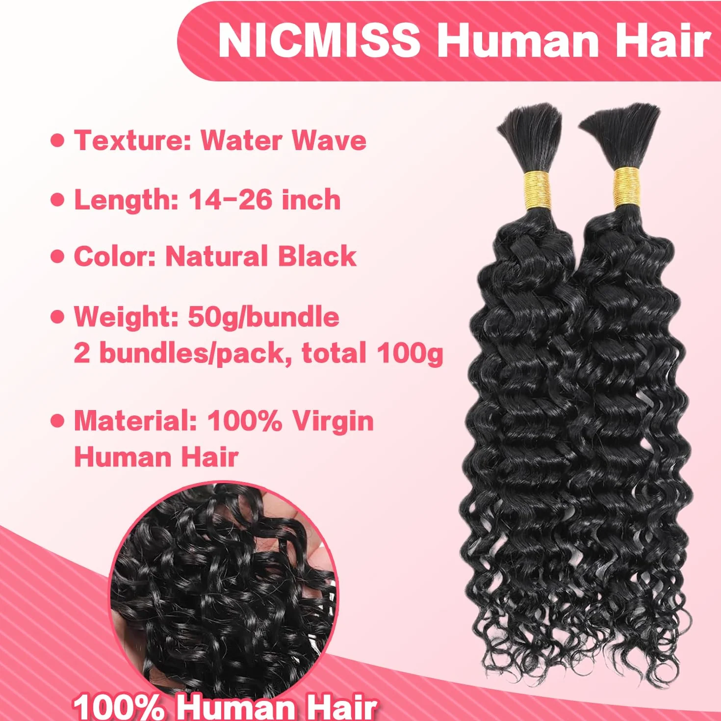 Human Braiding Hair Water Wave Human Hair Brazilian Curly Boho Hair for Braiding No Weft for Boho Braids Human Hair Natural color Wet and Wavy for Extensions Knotless Braids (16 inch/50g)