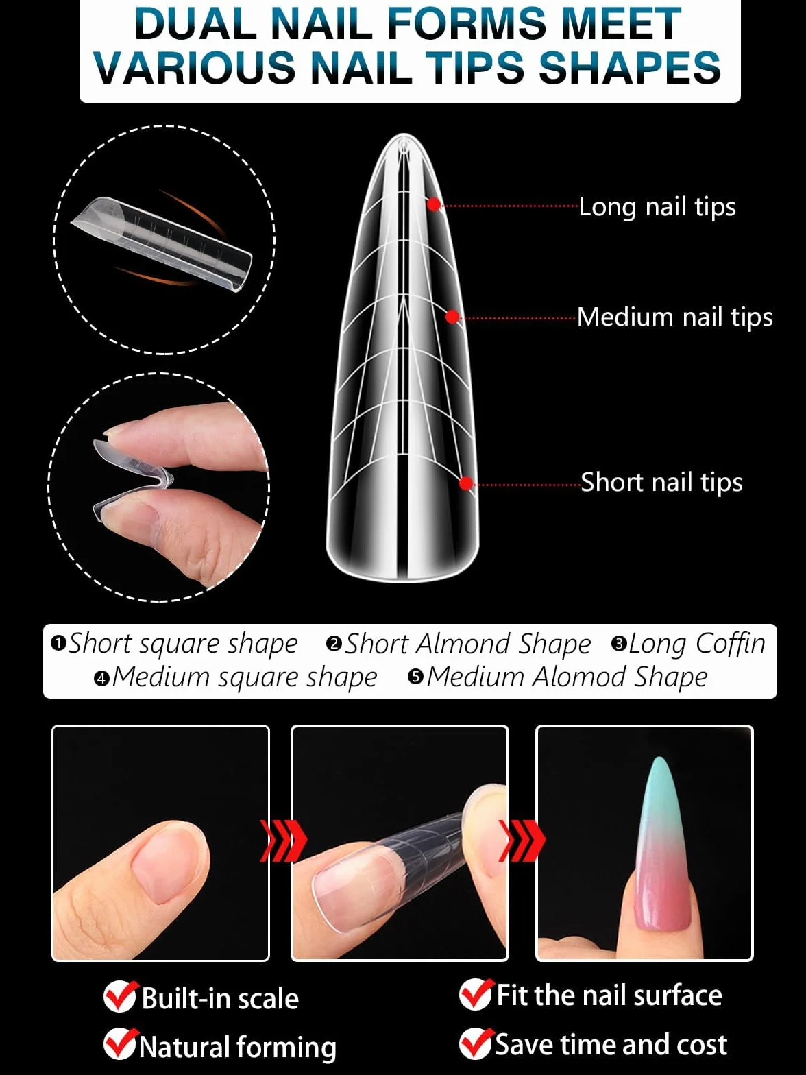 TOROKOM 288 sztuk podwójnych kształtów do manicure francuskiego - przezroczyste akrylowe foremki do rekonstrukcji - 12 stylów i 12 rozmiarów ze skalą - podkładka silikonowa wielokrotnego użytku