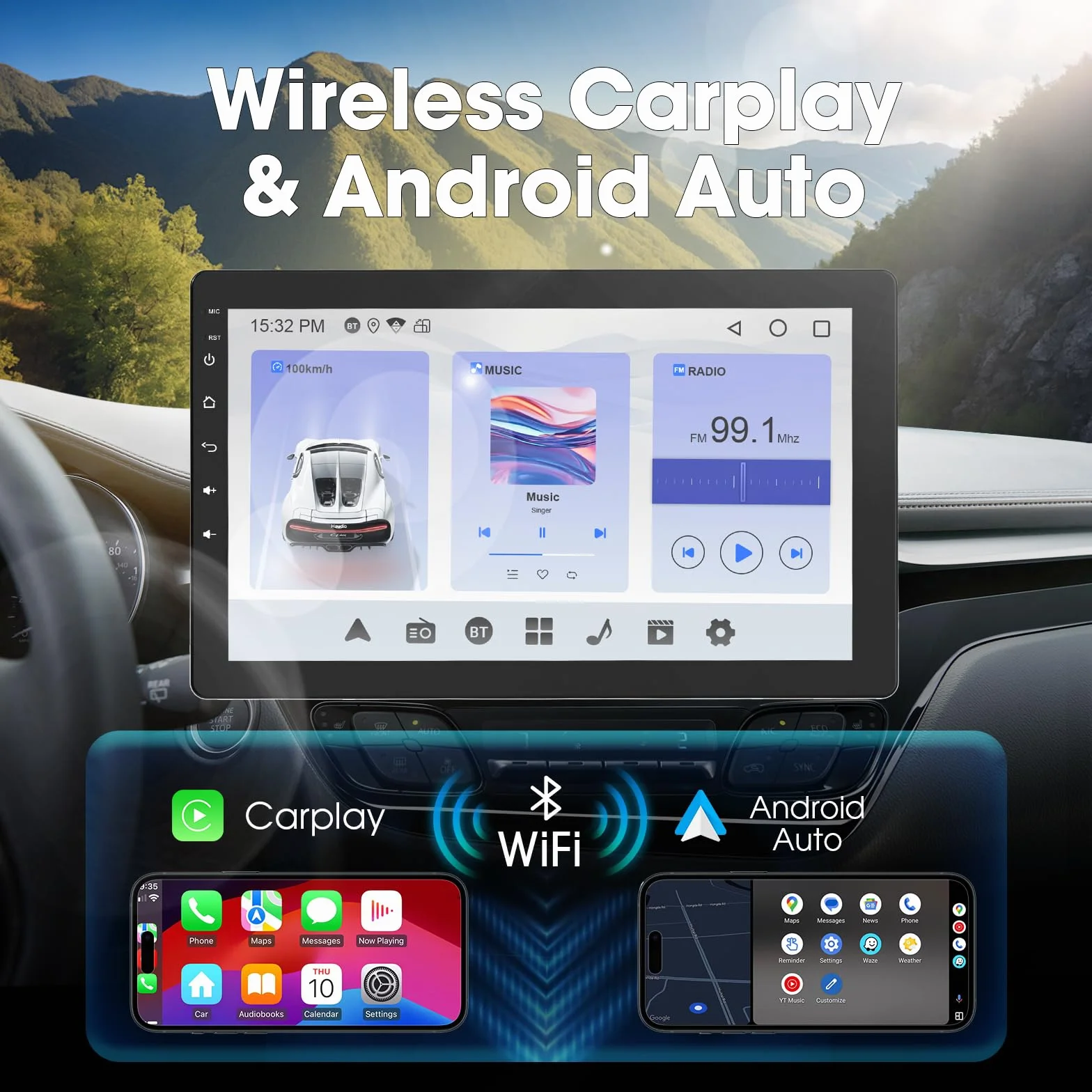Haudio Obrotowe Radio Samochodowe 360°, Stereo 1 DIN z Funkcją Carplay i Android Auto, 10,1 Calowy Ekran IPS do Odtwarzania z GPS, Mirror Link, Sterowanie Głosowe, Radio RDS/FM/AM, Tylna Kamera 720P