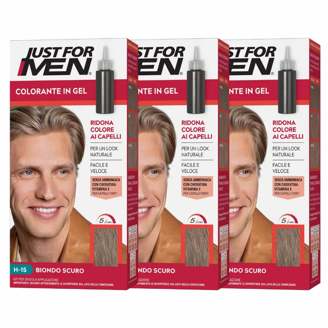 Just For Men Barwnik żelowy, półtrwały kolor do włosów męskich, bez amoniaku, z keratyną i witaminą E do mocnych włosów, ciemny blond, H15 (3 opakowania)