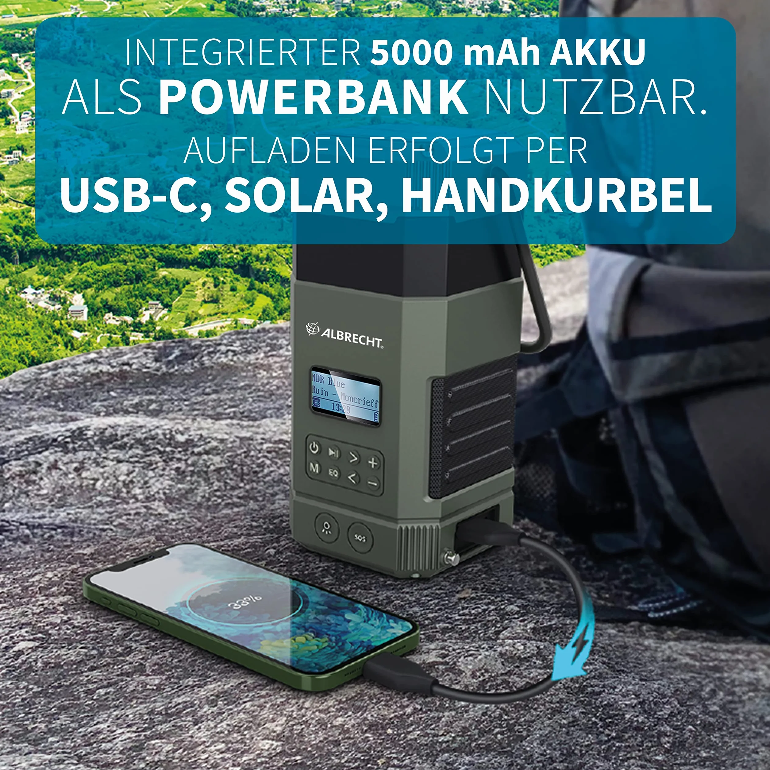 Albrecht DR 114, przenośne radio korbowe DAB+/UKW, 27912, system alarmowy SOS, lampa kempingowa, latarka, moduł solarny, powerbank, IPX5 ochrona przed wodą