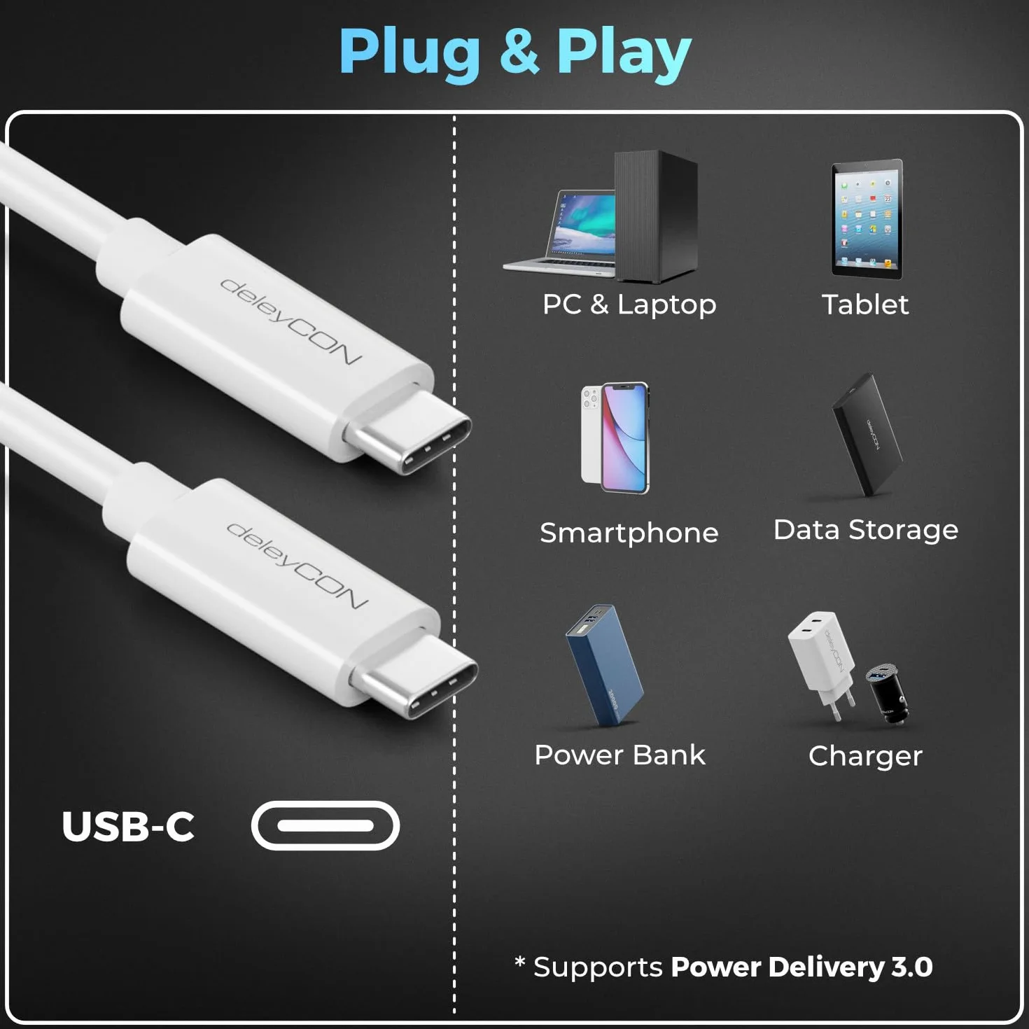 deleyCON 1,5m USB C Kabel (100W Szybkie Ładowanie + Przewód Danych 5 Gbit/s) Kabel USB-C do iPhone 17 16 15 Pro Max Air Galaxy S26 S25 Pixel iPad Pro MacBook Air Tablet Switch PS5 - Biały