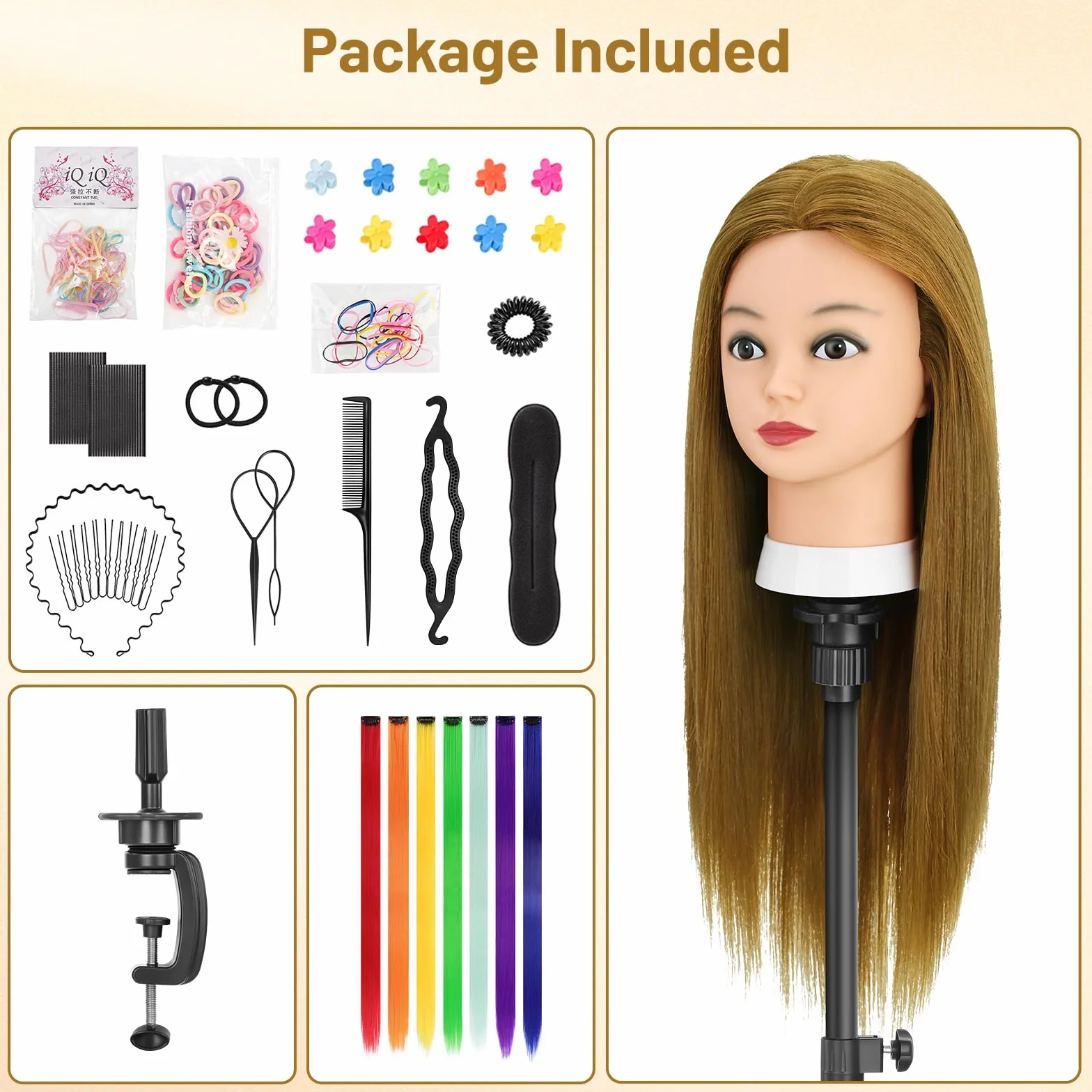 TwoWin Głowa treningowa fryzjerska, 26" (66 cm) 80% prawdziwe włosy, głowa manekina, głowa do stylizacji peruki z zaciskiem i zestawem do zaplatania DIY (jasnobrązowy)