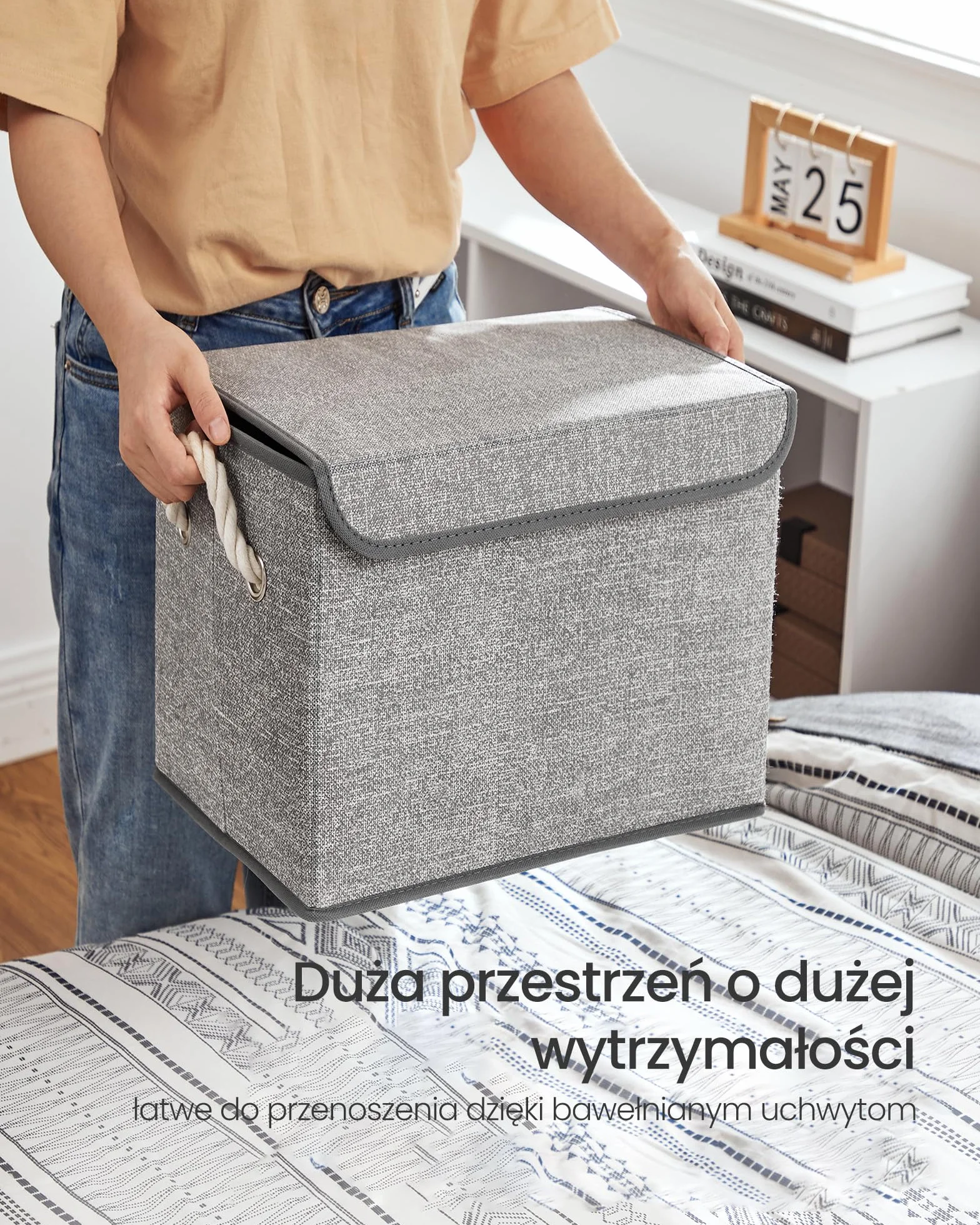 SONGMICS Pudełka do przechowywania, zestaw 3, materiałowe pudełka z pokrywą, bawełniane uchwyty, wygląd lnu, szary RFB013G02