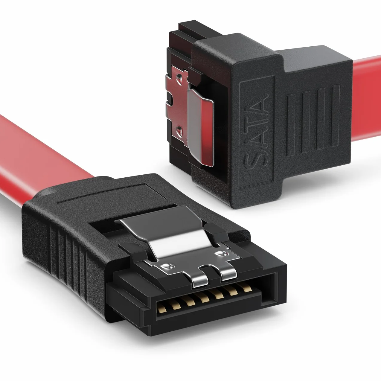 deleyCON 30cm SATA III Kabel - Przewód Danych S‑ATA 3 - do HDD SSD - z Metalowym Klipsem - Przepustowość 6 Gbit/s - 1x Wtyk Prosty 1x Wtyk Kątowy L‑Type - Czerwony