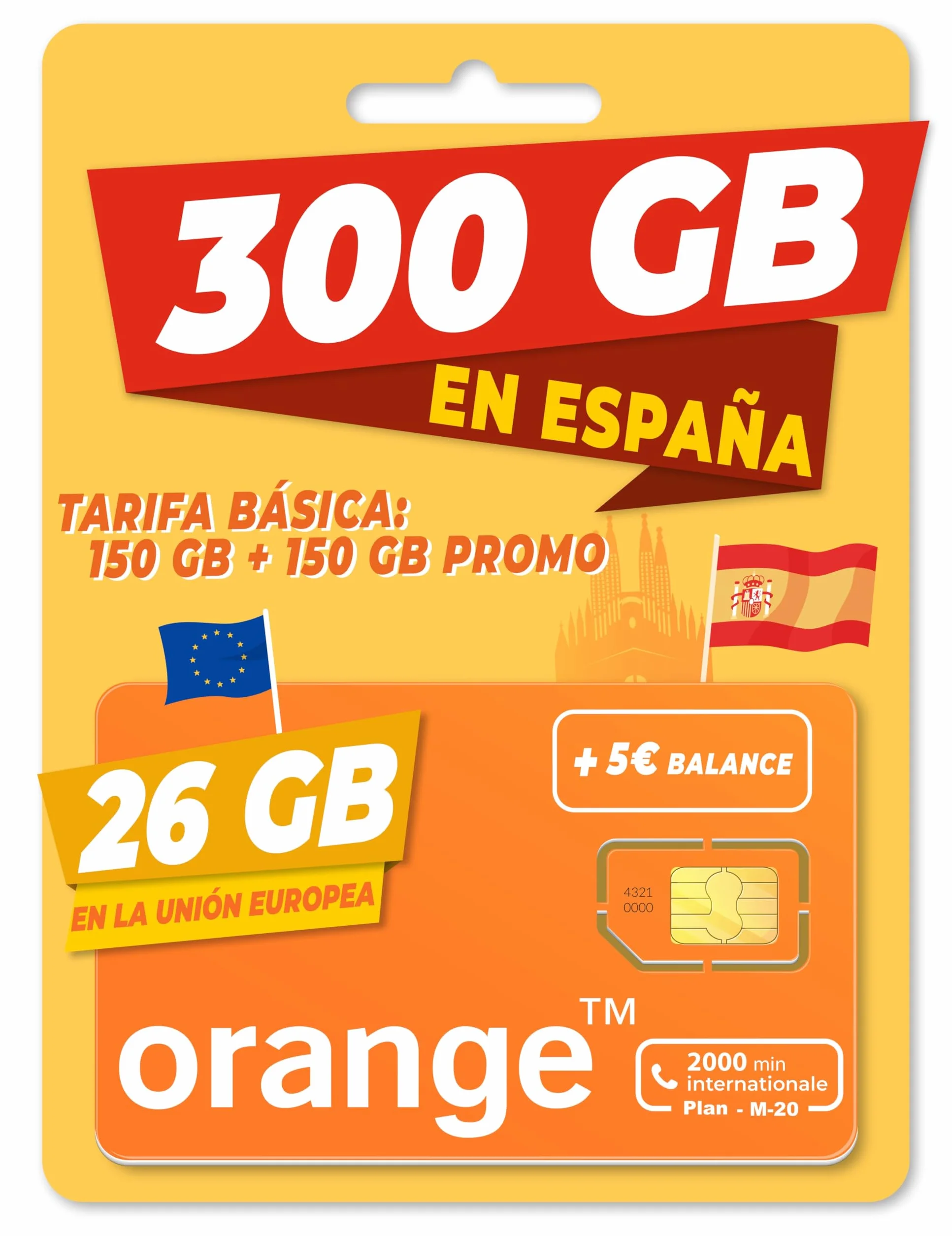 Orange Hiszpania - przedpłacona karta SIM 300 GB w Hiszpanii| 5€ salda | 26 GB w Unii Europejskiej | 2000 minut międzynarodowych | Aktywacja online Solo na www marcopolomobile com