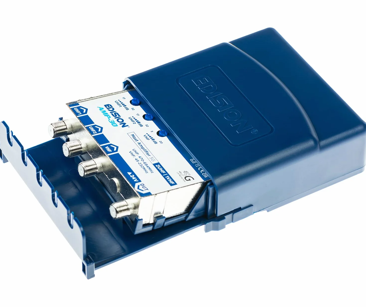 EDISION AMP-30 Wzmacniacz antenowy 2UHF, 1VHF/FM, 17-32 dB regulowany, 107 dBmV, 24 V, do cyfrowej naziemnej DVB-T/T2, z filtrem 5G LTE, częstotliwości UHF 470-694 MHz, VHF/FM 45-232 MHz