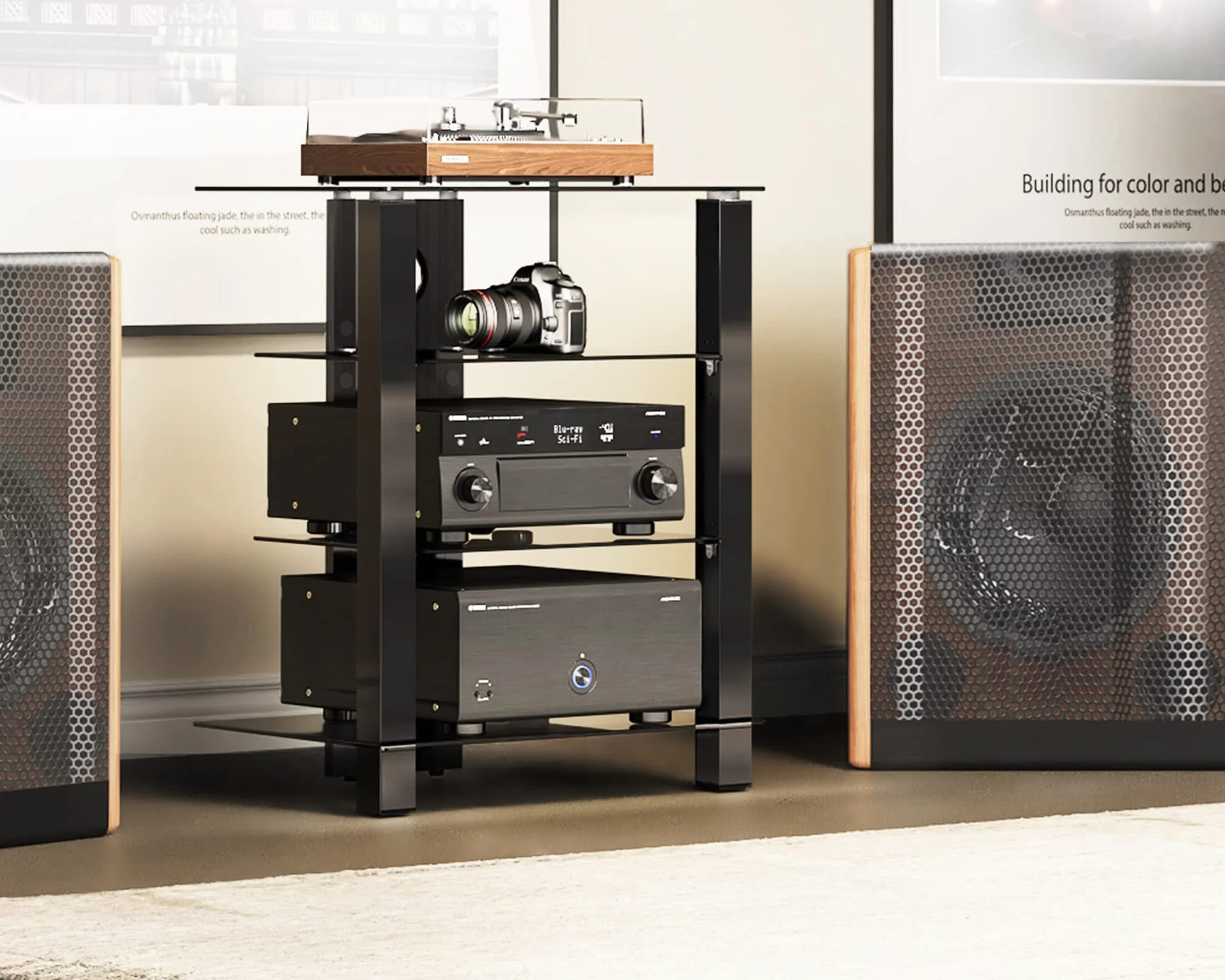 FITUEYES Szklany stojak HIFI, stojak TV, HIFI Rack szafka 4 poziomy z zarządzania kablami, czarny