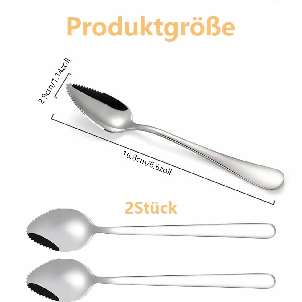 Łyżka grejpfrutowa do owoców, 2 sztuki, stal nierdzewna, łyżeczki do kiwilli, nadają się do mycia w zmywarce, z ząbkowaną krawędzią, łyżeczka deserowa do owoców do jedzenia
